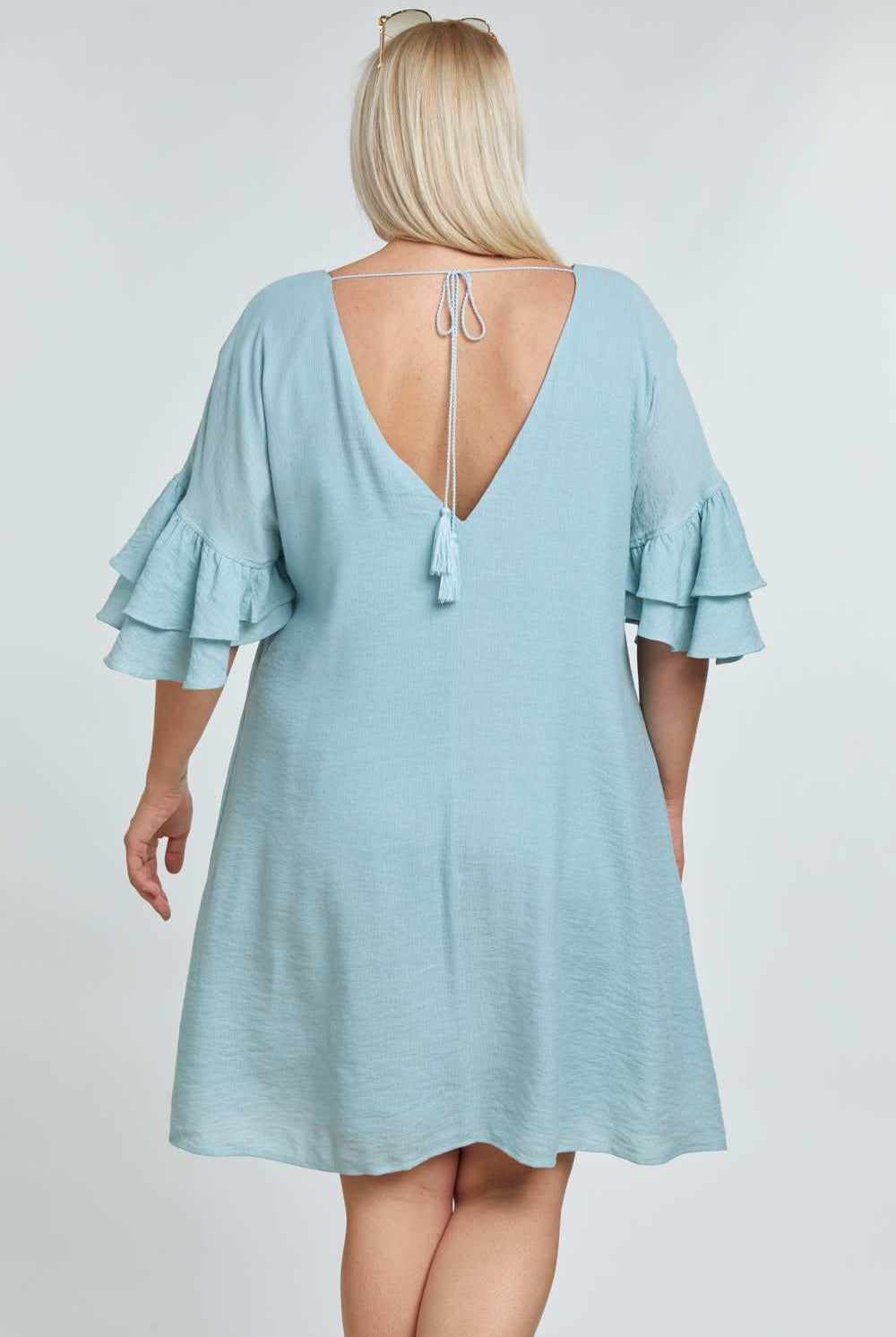 Davi And Dani Blue Open Back Ruffle Sleeve Plus Dress-Curvy/Plus Dresses-Davi and Dani-Deja Nu Boutique, Women's Fashion Boutique in Lampasas, Texas