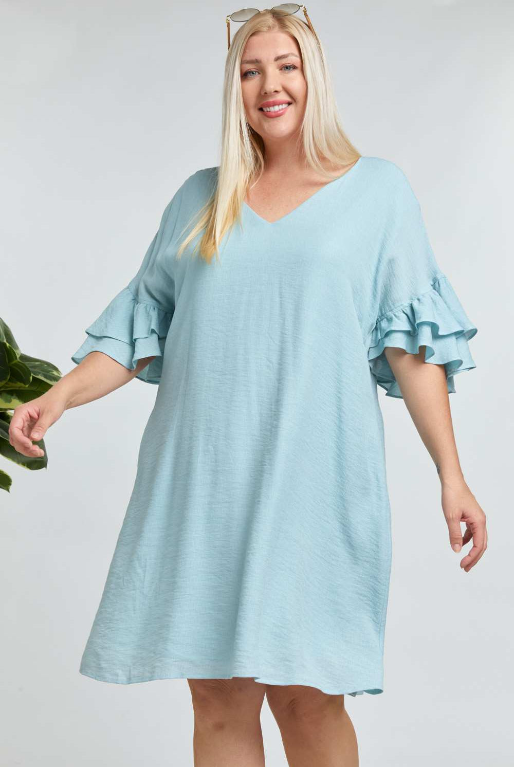 Davi And Dani Blue Open Back Ruffle Sleeve Plus Dress-Curvy/Plus Dresses-Davi and Dani-Deja Nu Boutique, Women's Fashion Boutique in Lampasas, Texas