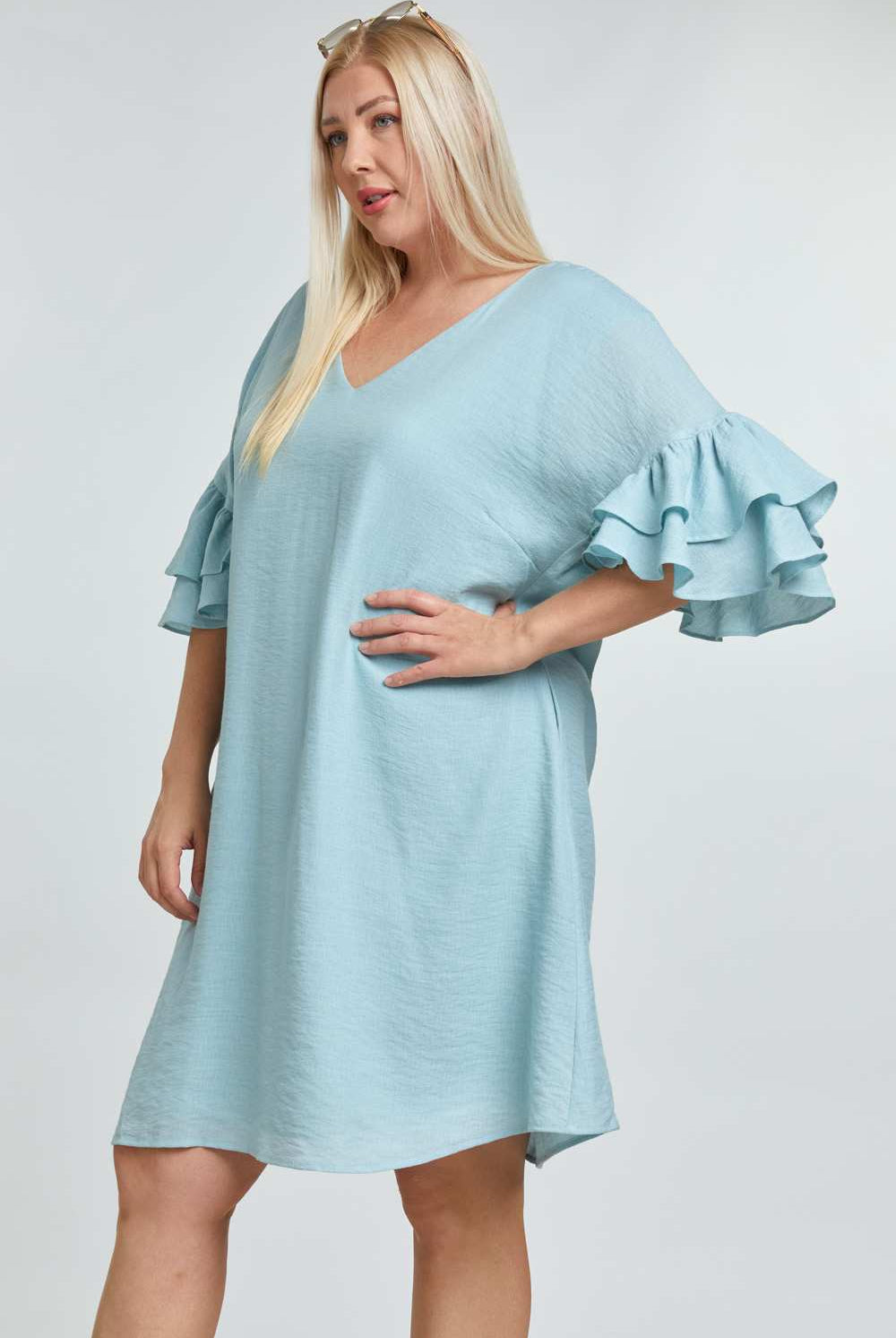 Davi And Dani Blue Open Back Ruffle Sleeve Plus Dress-Curvy/Plus Dresses-Davi and Dani-Deja Nu Boutique, Women's Fashion Boutique in Lampasas, Texas