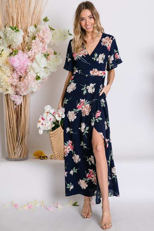 Davi And Dani Floral Wrap Maxi Dress-Maxi Dresses-Davi and Dani-Deja Nu Boutique, Women's Fashion Boutique in Lampasas, Texas