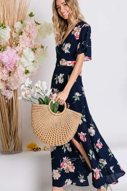 Davi And Dani Floral Wrap Maxi Dress-Maxi Dresses-Davi and Dani-Deja Nu Boutique, Women's Fashion Boutique in Lampasas, Texas