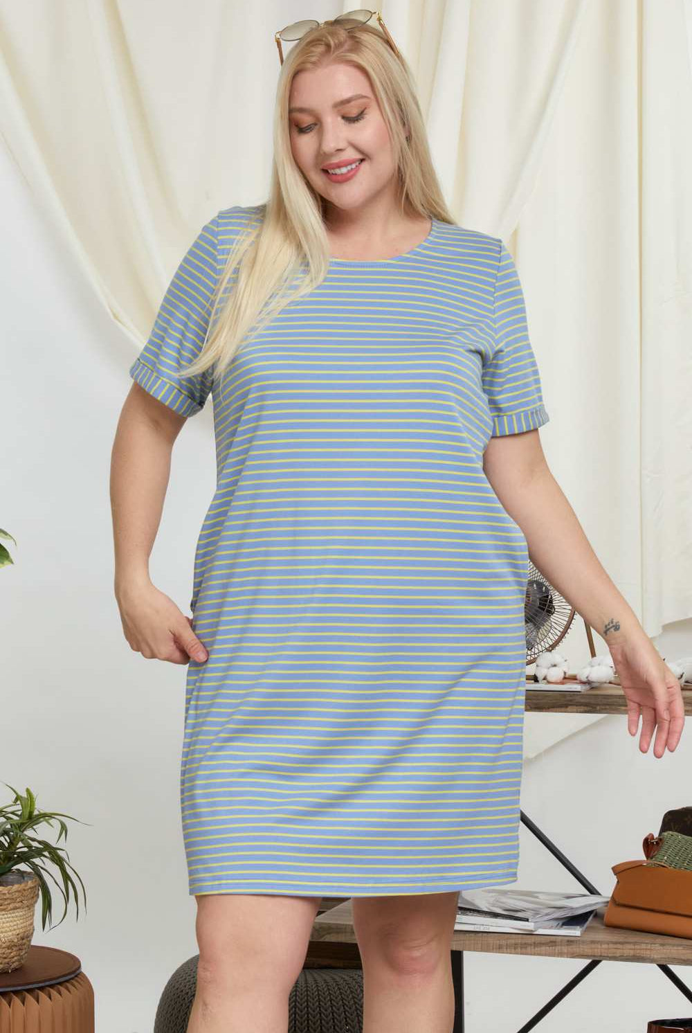 Davi And Dani Pinstripe Plus Tee Dress-Curvy/Plus Dresses-Davi and Dani-Deja Nu Boutique, Women's Fashion Boutique in Lampasas, Texas