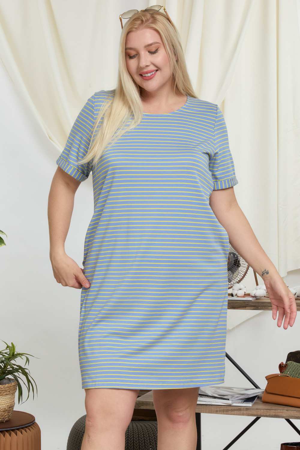 Davi And Dani Pinstripe Plus Tee Dress-Curvy/Plus Dresses-Davi and Dani-Deja Nu Boutique, Women's Fashion Boutique in Lampasas, Texas