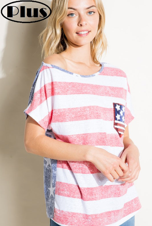 E Luna American Flag Plus Tee With Sequin Pocket Plus-Curvy/Plus Tops-E Luna-Deja Nu Boutique, Women's Fashion Boutique in Lampasas, Texas