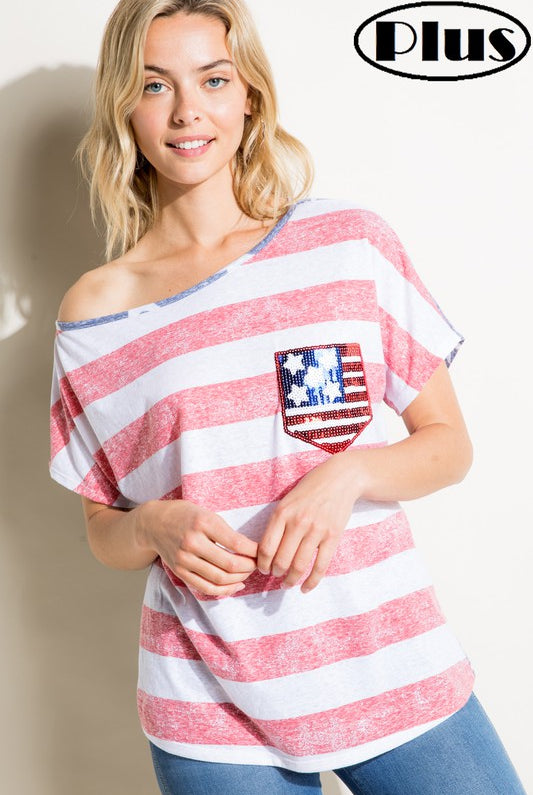 E Luna American Flag Plus Tee With Sequin Pocket Plus-Curvy/Plus Tops-E Luna-Deja Nu Boutique, Women's Fashion Boutique in Lampasas, Texas