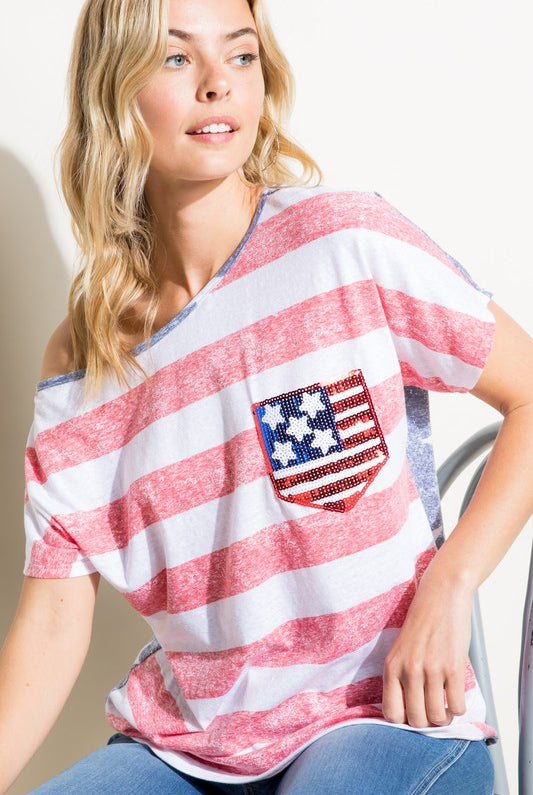 E Luna American Flag Plus Tee With Sequin Pocket Plus-Curvy/Plus Tops-E Luna-Deja Nu Boutique, Women's Fashion Boutique in Lampasas, Texas