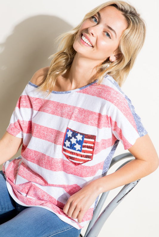 E Luna American Flag Plus Tee With Sequin Pocket Plus-Curvy/Plus Tops-E Luna-Deja Nu Boutique, Women's Fashion Boutique in Lampasas, Texas