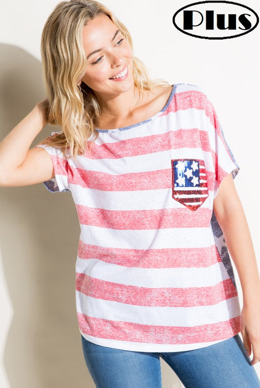 E Luna American Flag Plus Tee With Sequin Pocket Plus-Curvy/Plus Tops-E Luna-Deja Nu Boutique, Women's Fashion Boutique in Lampasas, Texas