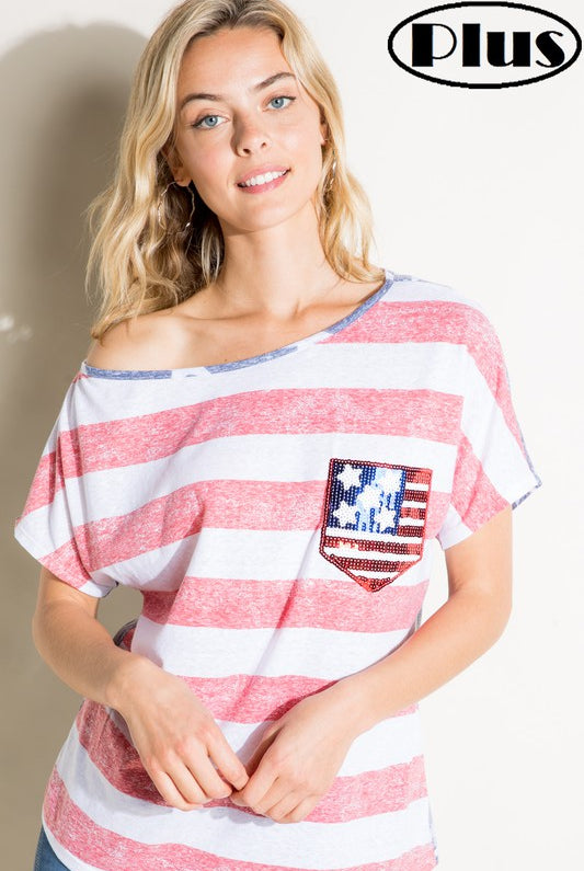 E Luna American Flag Plus Tee With Sequin Pocket Plus-Curvy/Plus Tops-E Luna-Deja Nu Boutique, Women's Fashion Boutique in Lampasas, Texas