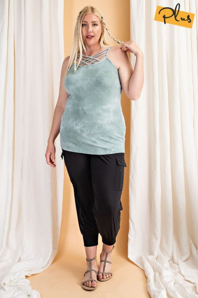 Easel Sage Tie Dye Criss Cross Plus Camisole-Curvy/Plus Tops-Easel-Deja Nu Boutique, Women's Fashion Boutique in Lampasas, Texas