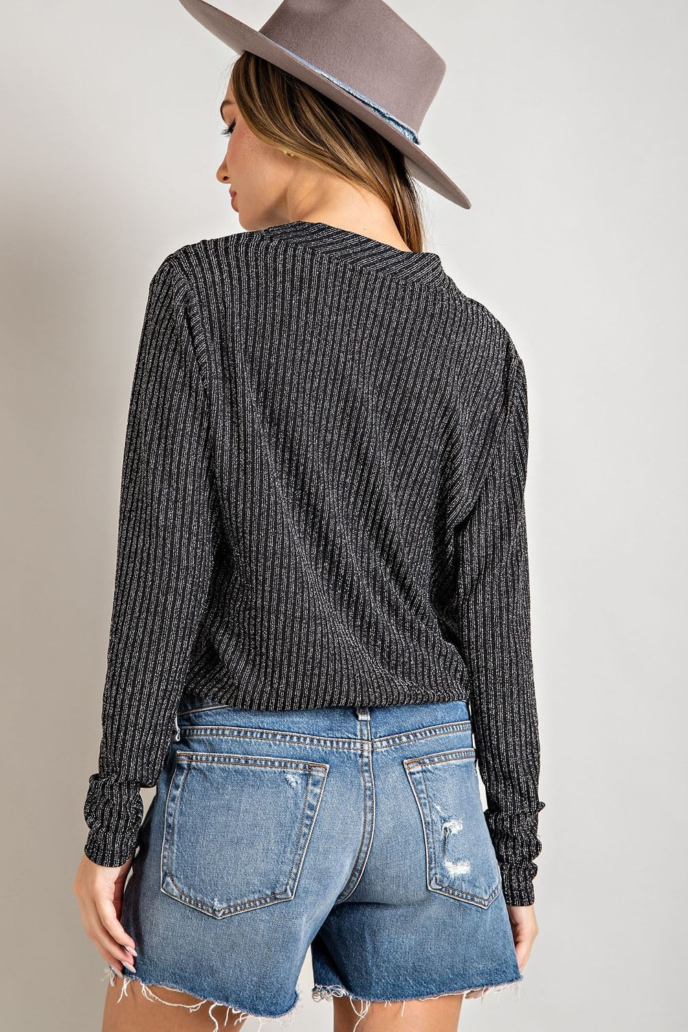 ee:some Black Metallic V Neck Surplus Bodysuit-Bodysuit-ee:some-Deja Nu Boutique, Women's Fashion Boutique in Lampasas, Texas