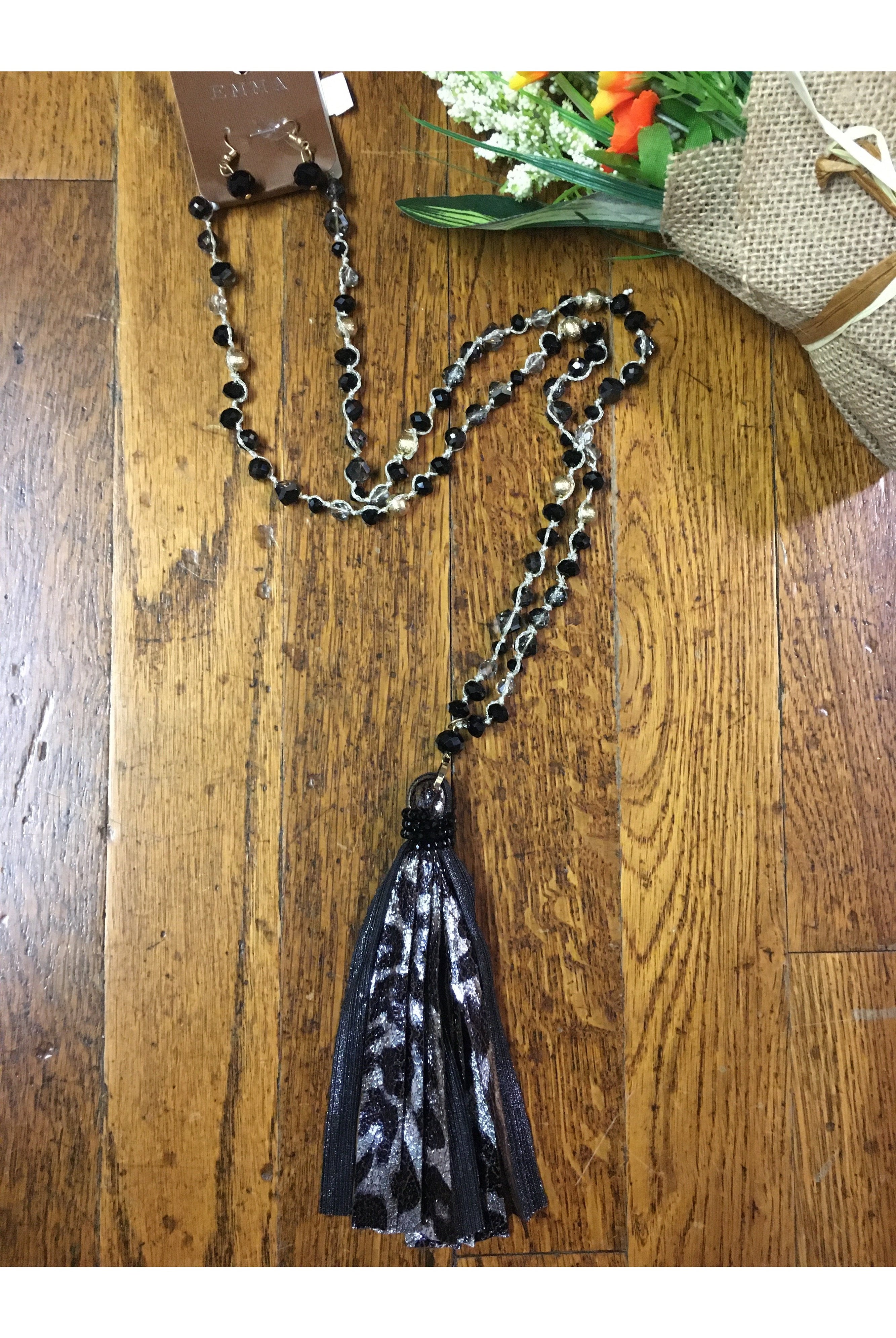 Emma Black And Silver Faux Leopard Tassel Necklace-Necklaces-Emma-Deja Nu Boutique, Women's Fashion Boutique in Lampasas, Texas