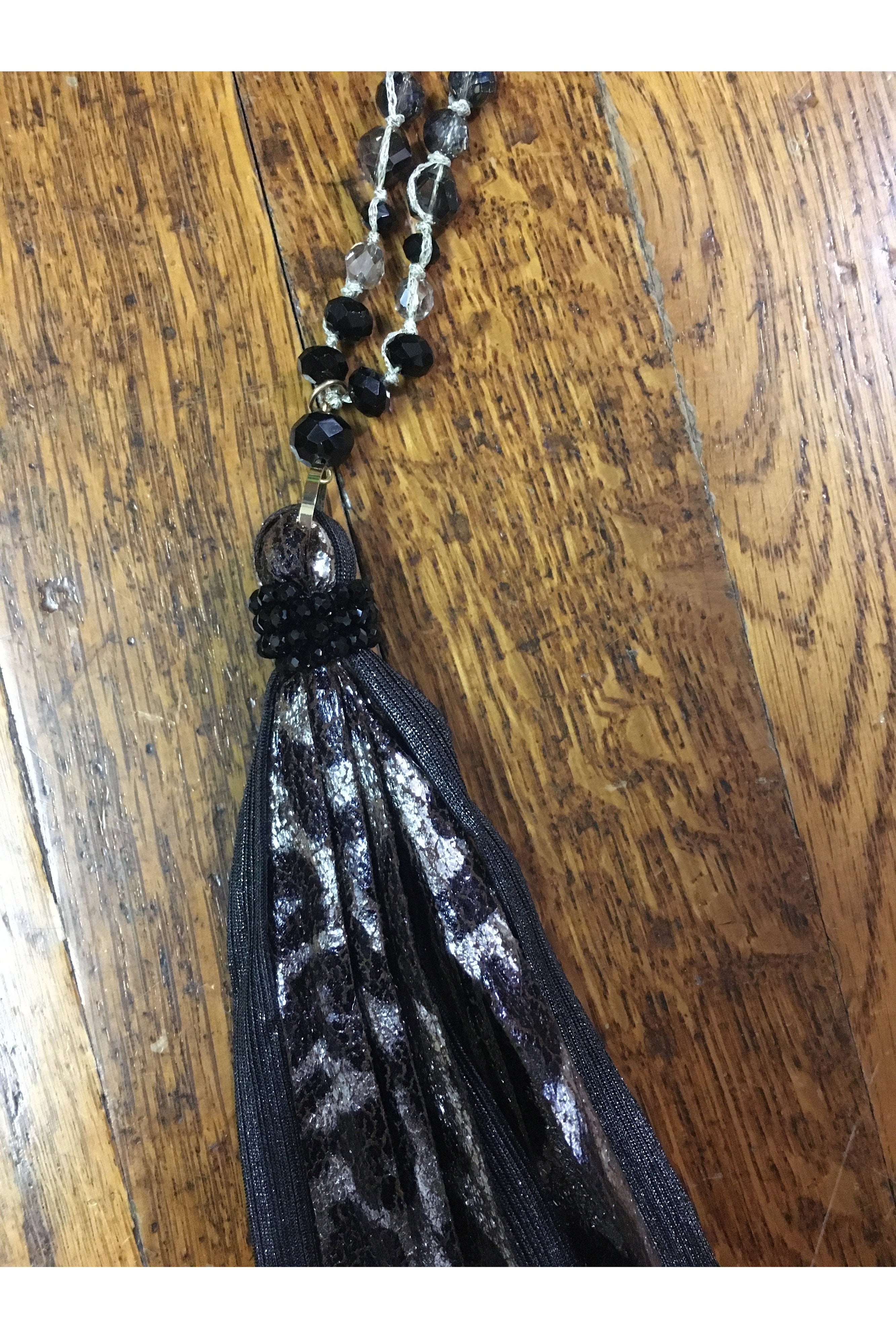 Emma Black And Silver Faux Leopard Tassel Necklace-Necklaces-Emma-Deja Nu Boutique, Women's Fashion Boutique in Lampasas, Texas