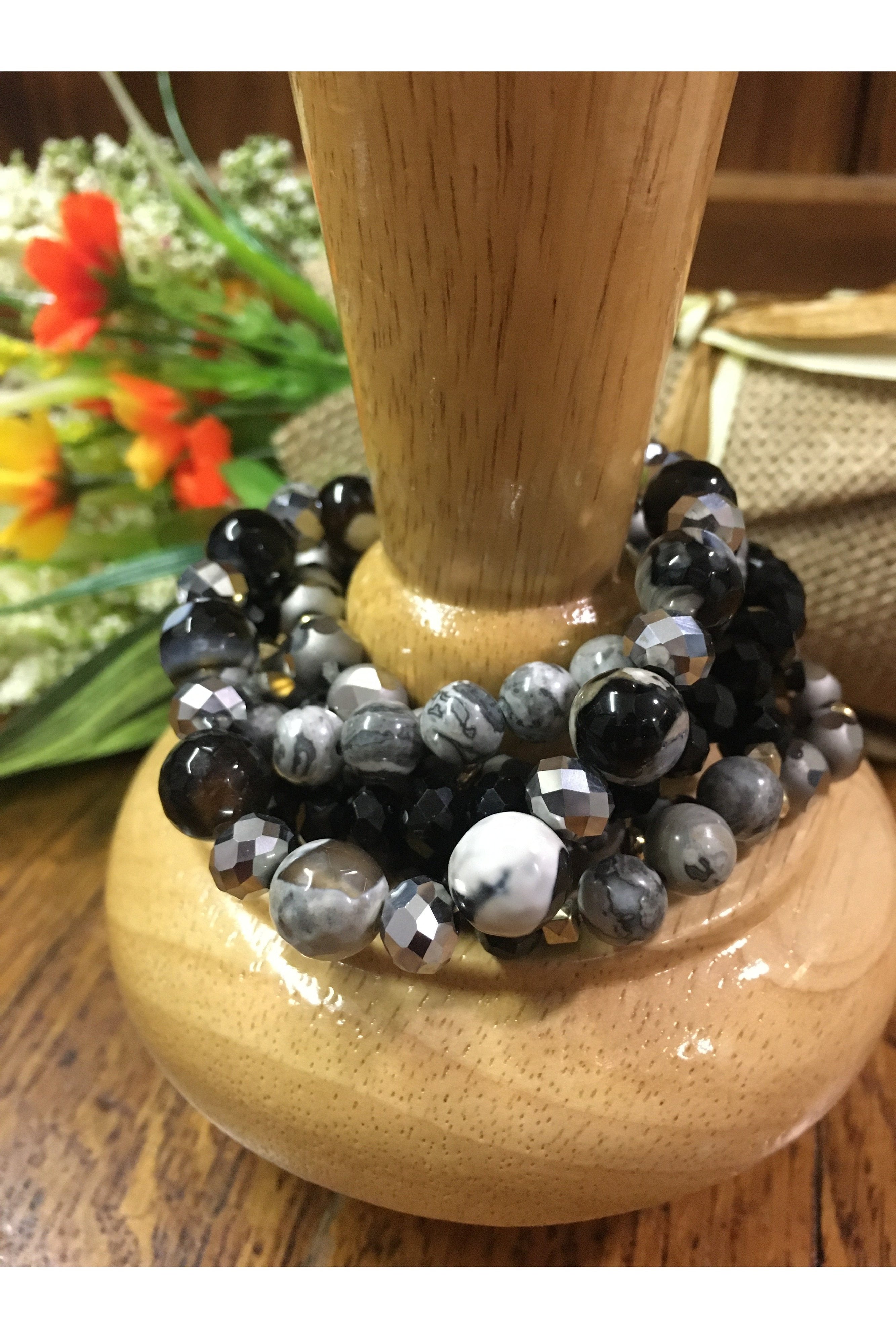 Emma Black And Silver Stretch Bracelets-Bracelets-Emma-Deja Nu Boutique, Women's Fashion Boutique in Lampasas, Texas