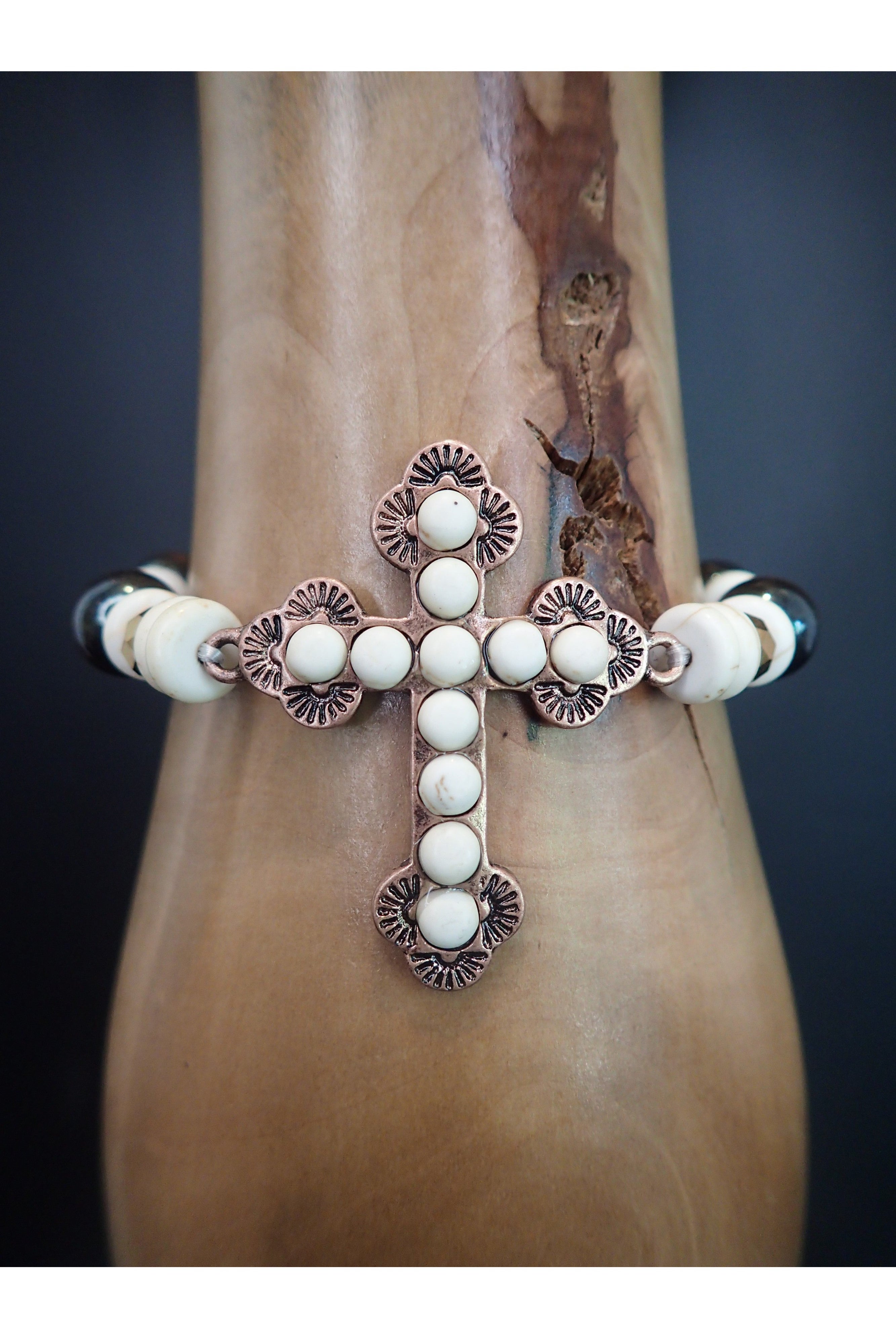 Emma Copper And White Stone Stretch Cross Bracelet-Bracelets-Emma-Deja Nu Boutique, Women's Fashion Boutique in Lampasas, Texas