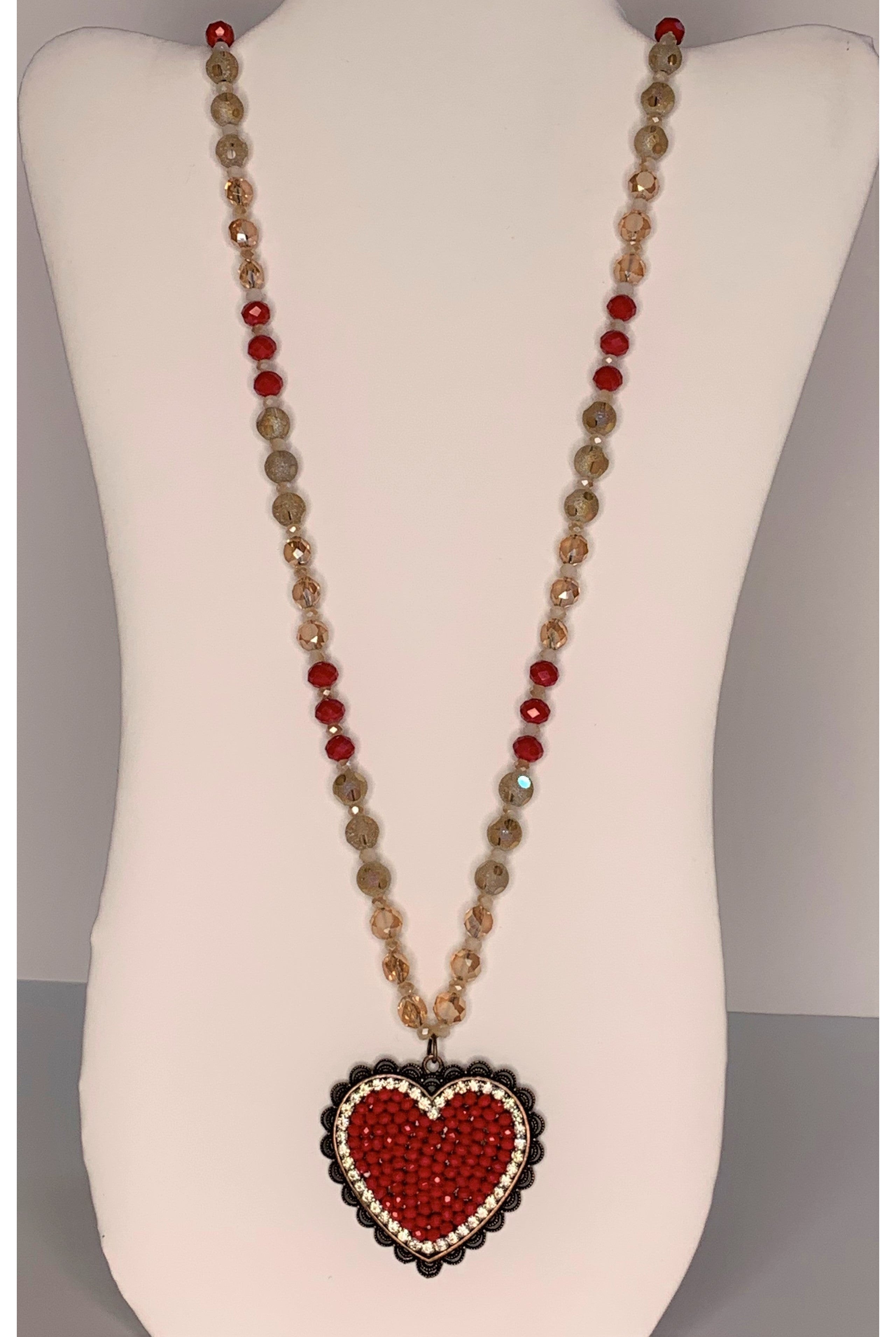 Emma Copper Heart Red And Crystal Rhinestone Necklace With Amber Crystal And Red Beads-Necklaces-Emma-Deja Nu Boutique, Women's Fashion Boutique in Lampasas, Texas