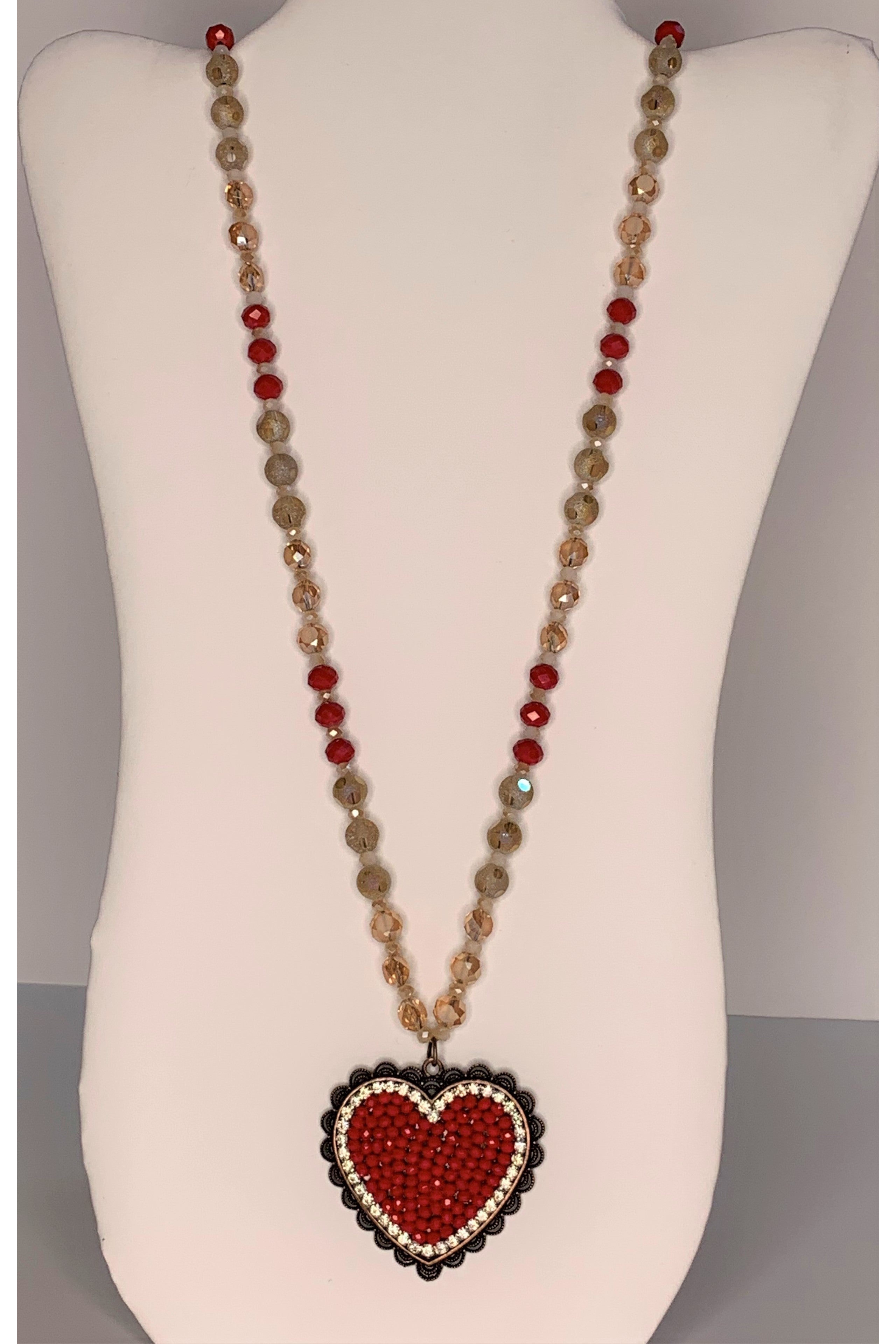 Emma Copper Heart Red And Crystal Rhinestone Necklace With Amber Crystal And Red Beads-Necklaces-Emma-Deja Nu Boutique, Women's Fashion Boutique in Lampasas, Texas