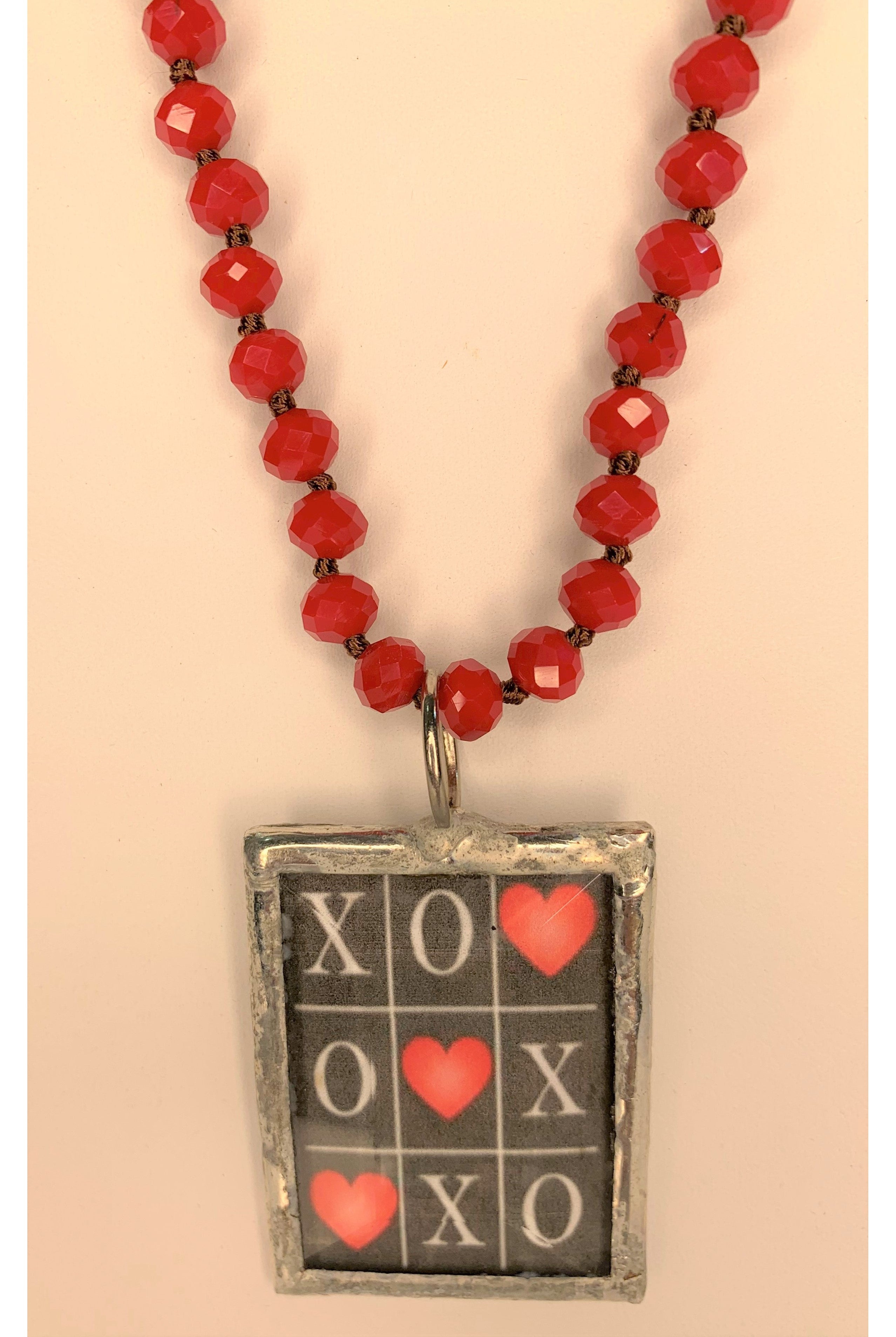 Emma Long Red Beaded Necklace With Tic Tac Toe Pendant-Necklaces-Emma-Deja Nu Boutique, Women's Fashion Boutique in Lampasas, Texas