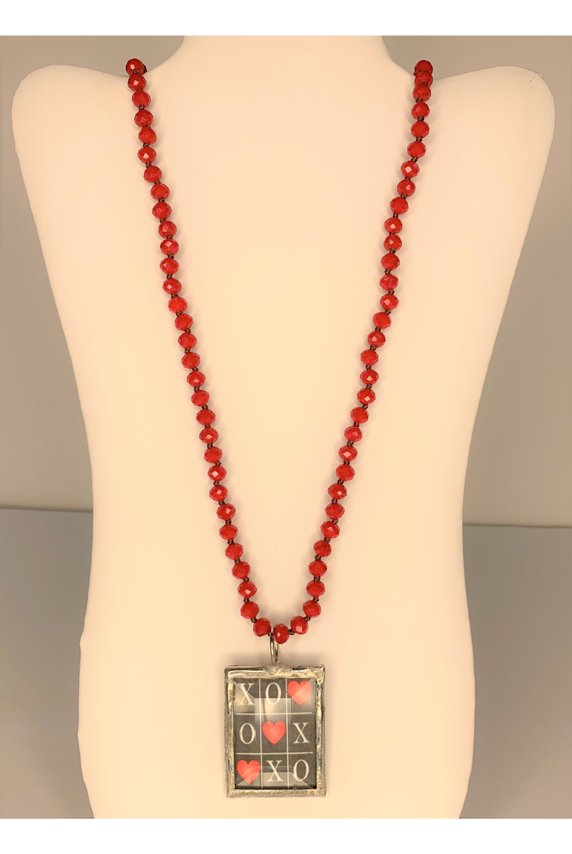 Emma Long Red Beaded Necklace With Tic Tac Toe Pendant-Necklaces-Emma-Deja Nu Boutique, Women's Fashion Boutique in Lampasas, Texas
