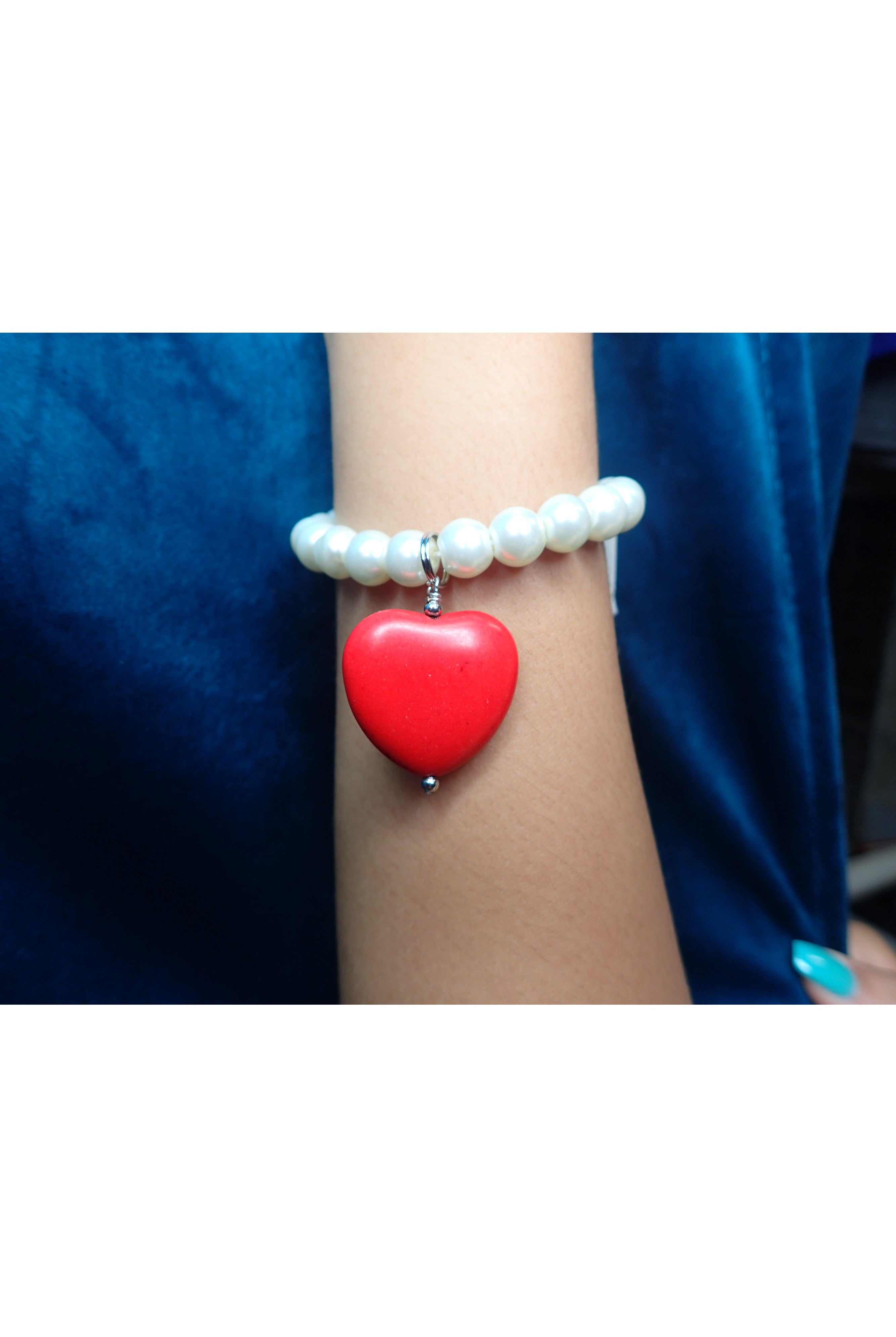Emma Pearl Stretch Bracelet With Red Stone Heart Charm-Bracelets-Emma-Deja Nu Boutique, Women's Fashion Boutique in Lampasas, Texas