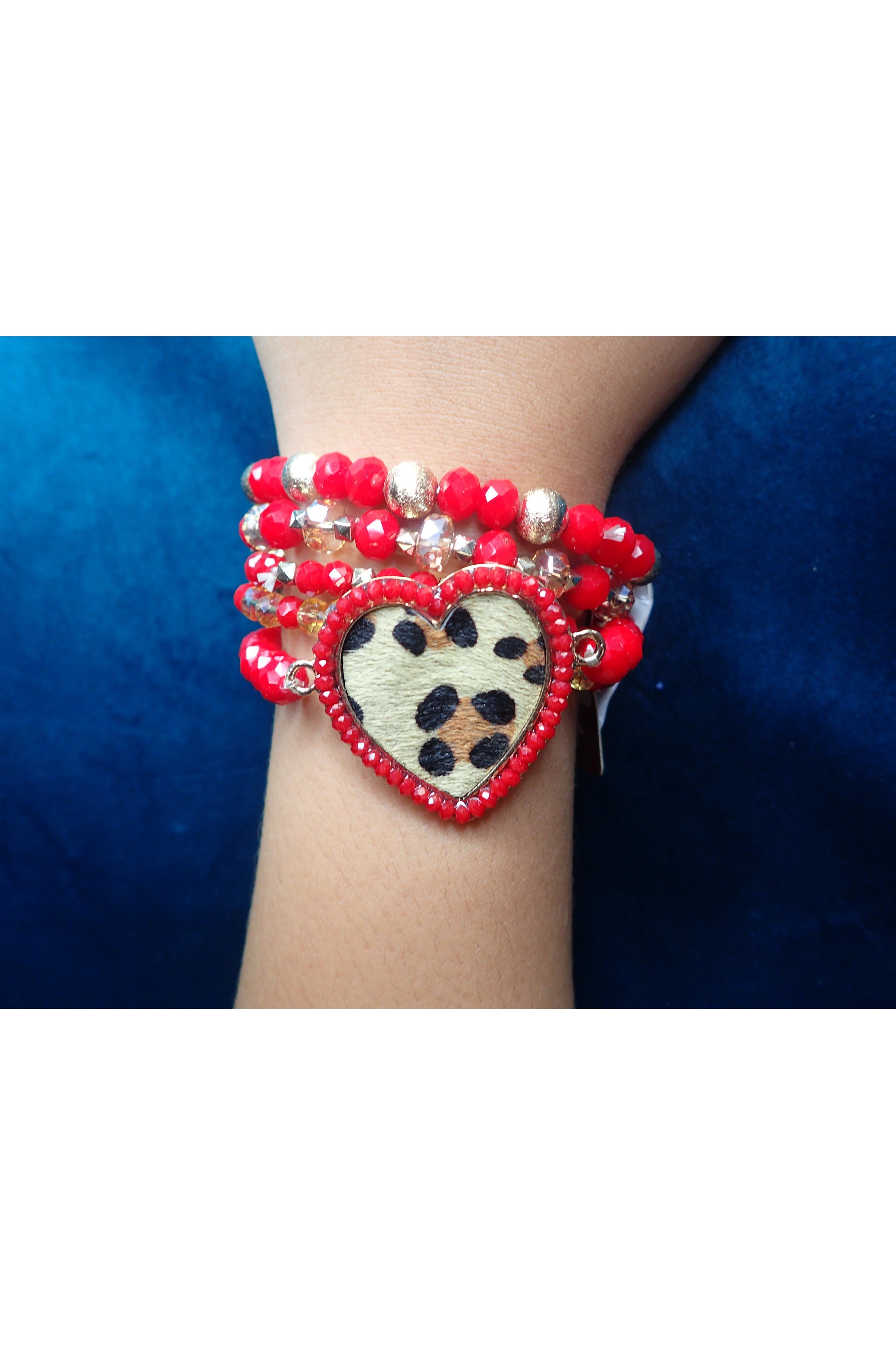 Emma Red And Gold Bead Stack Bracelet With Faux Leopard Heart Center-Bracelets-Emma-Deja Nu Boutique, Women's Fashion Boutique in Lampasas, Texas