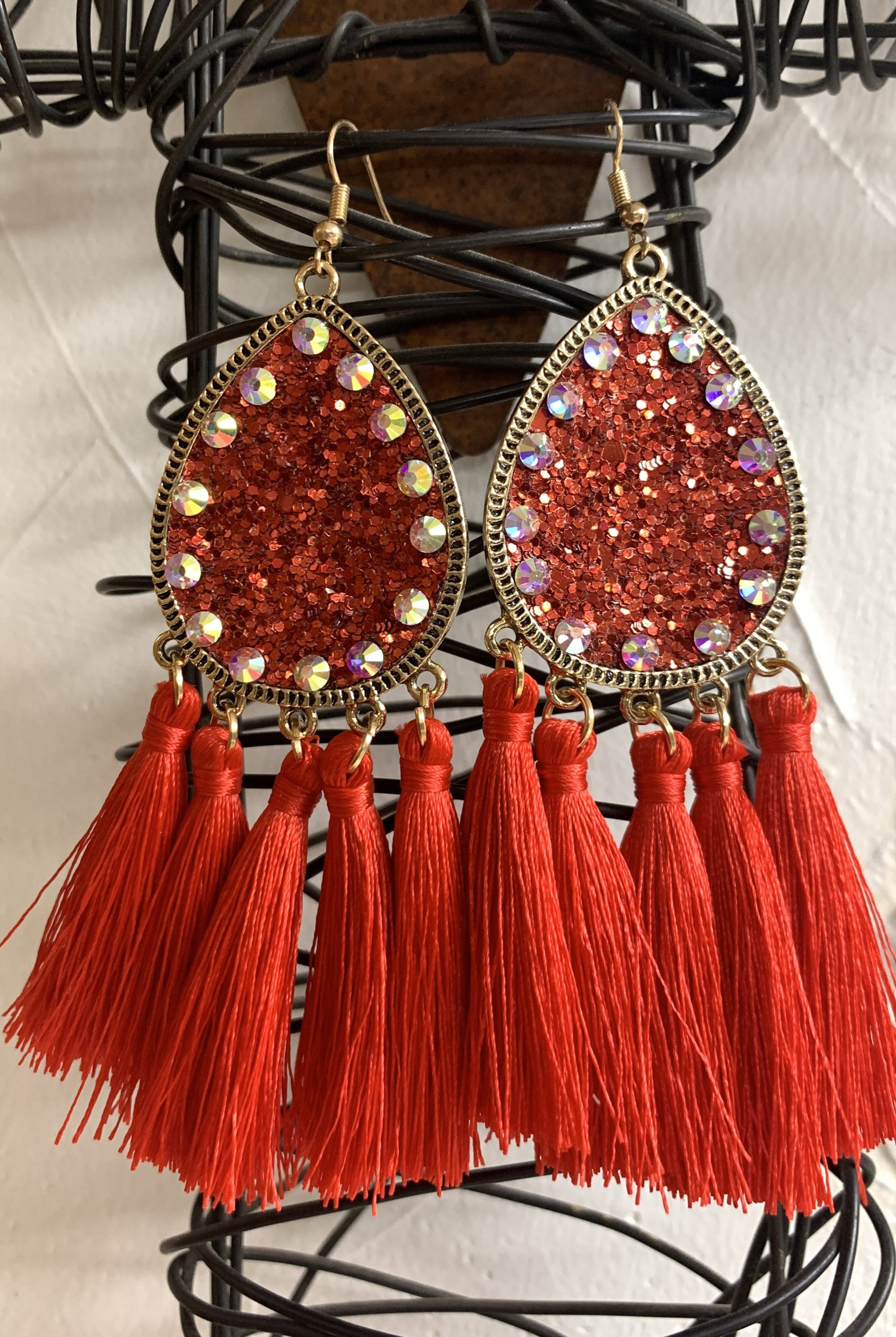 Emma Red Sparkle Teardrop Earring With AB Crystal Rhinestones And Fringe Tassels-Earrings-Emma-Deja Nu Boutique, Women's Fashion Boutique in Lampasas, Texas