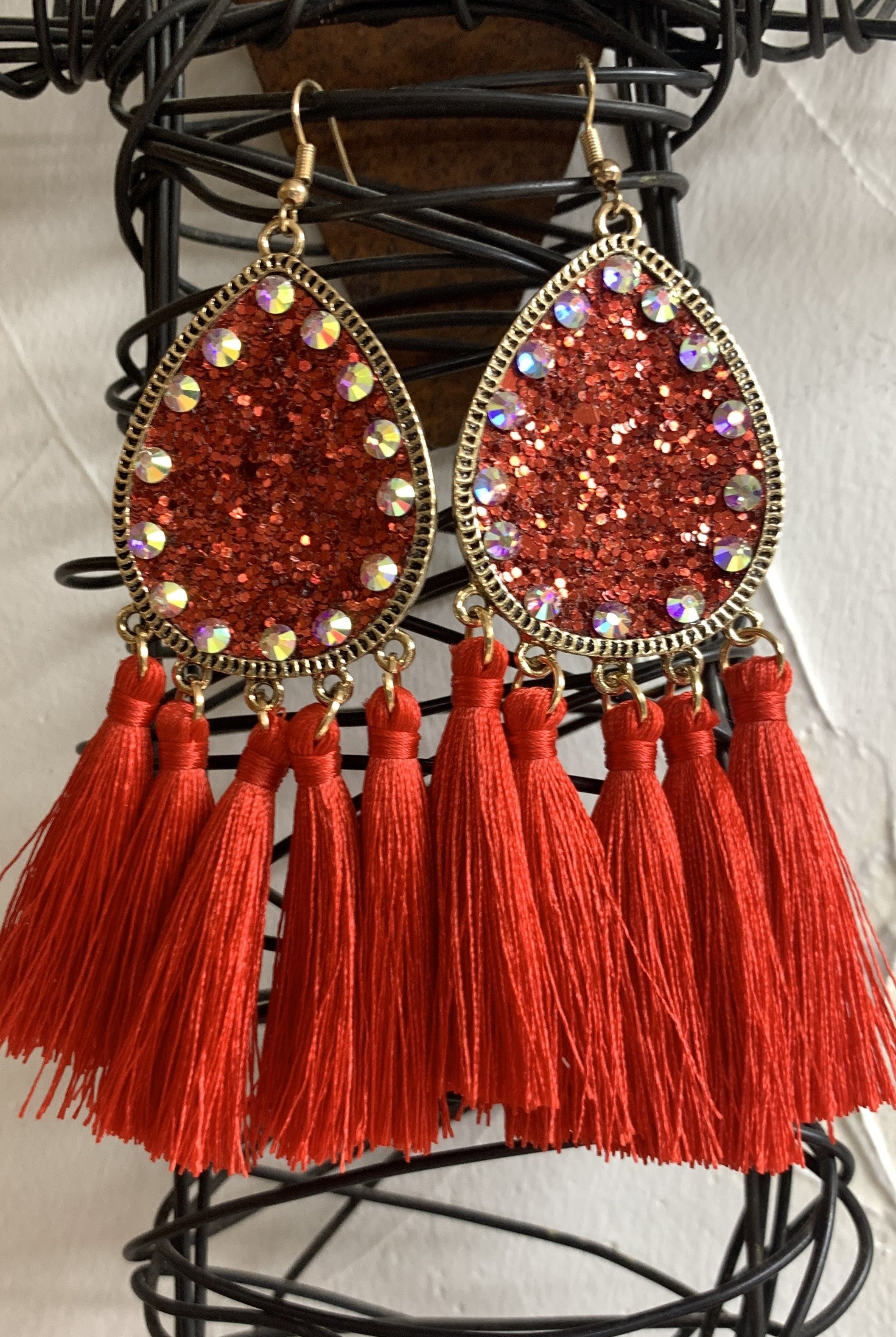 Emma Red Sparkle Teardrop Earring With AB Crystal Rhinestones And Fringe Tassels-Earrings-Emma-Deja Nu Boutique, Women's Fashion Boutique in Lampasas, Texas