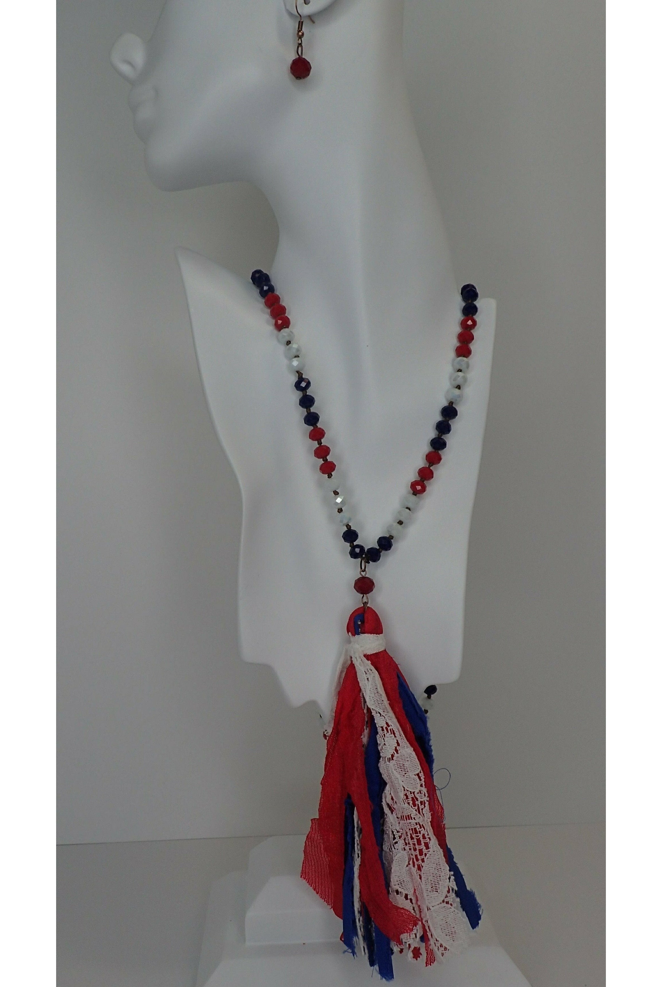 Emma Red, White And Blue Crystal Necklace Set With Tassel-Necklaces-Emma-Deja Nu Boutique, Women's Fashion Boutique in Lampasas, Texas