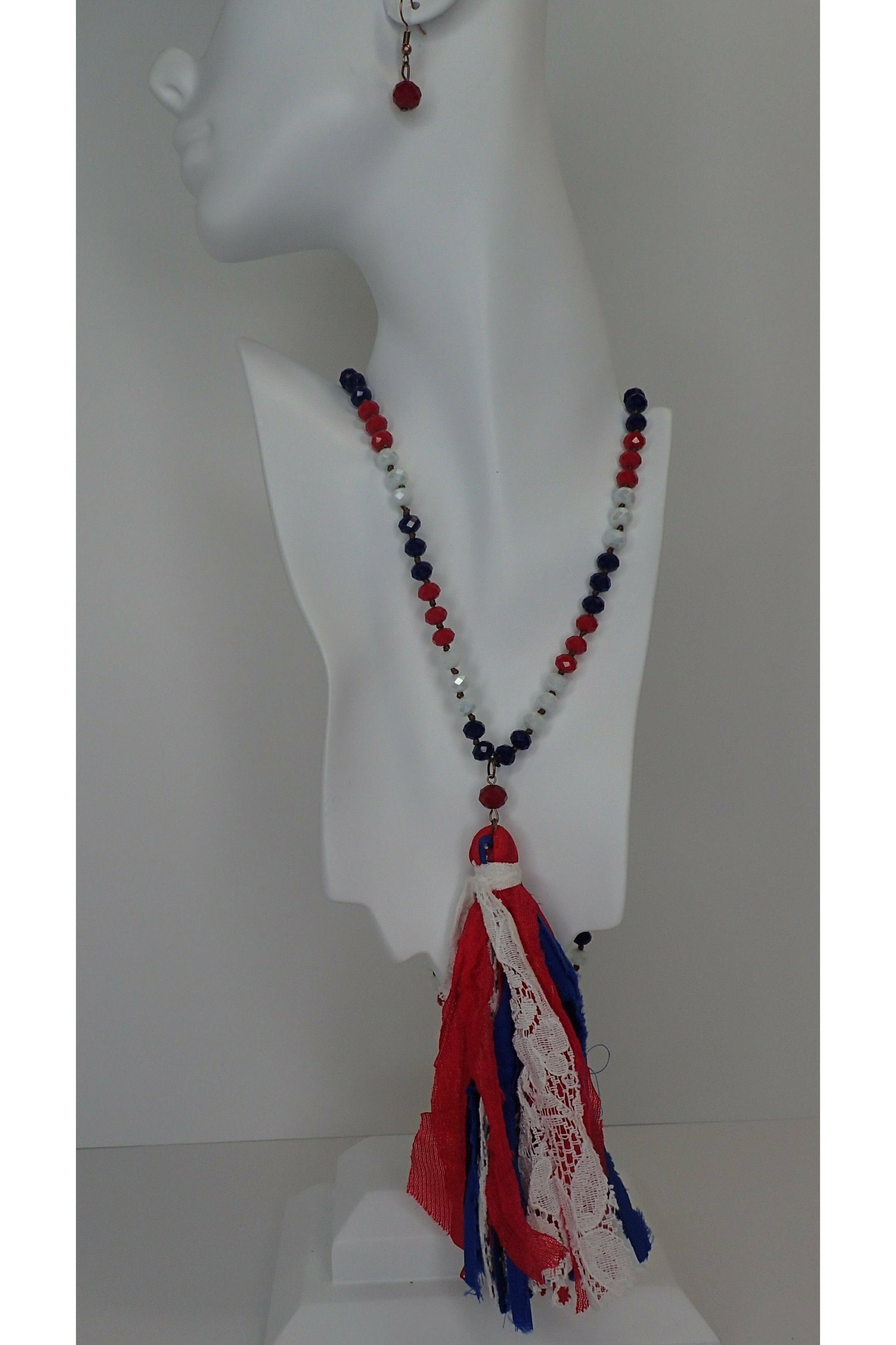 Emma Red, White And Blue Crystal Necklace Set With Tassel-Necklaces-Emma-Deja Nu Boutique, Women's Fashion Boutique in Lampasas, Texas