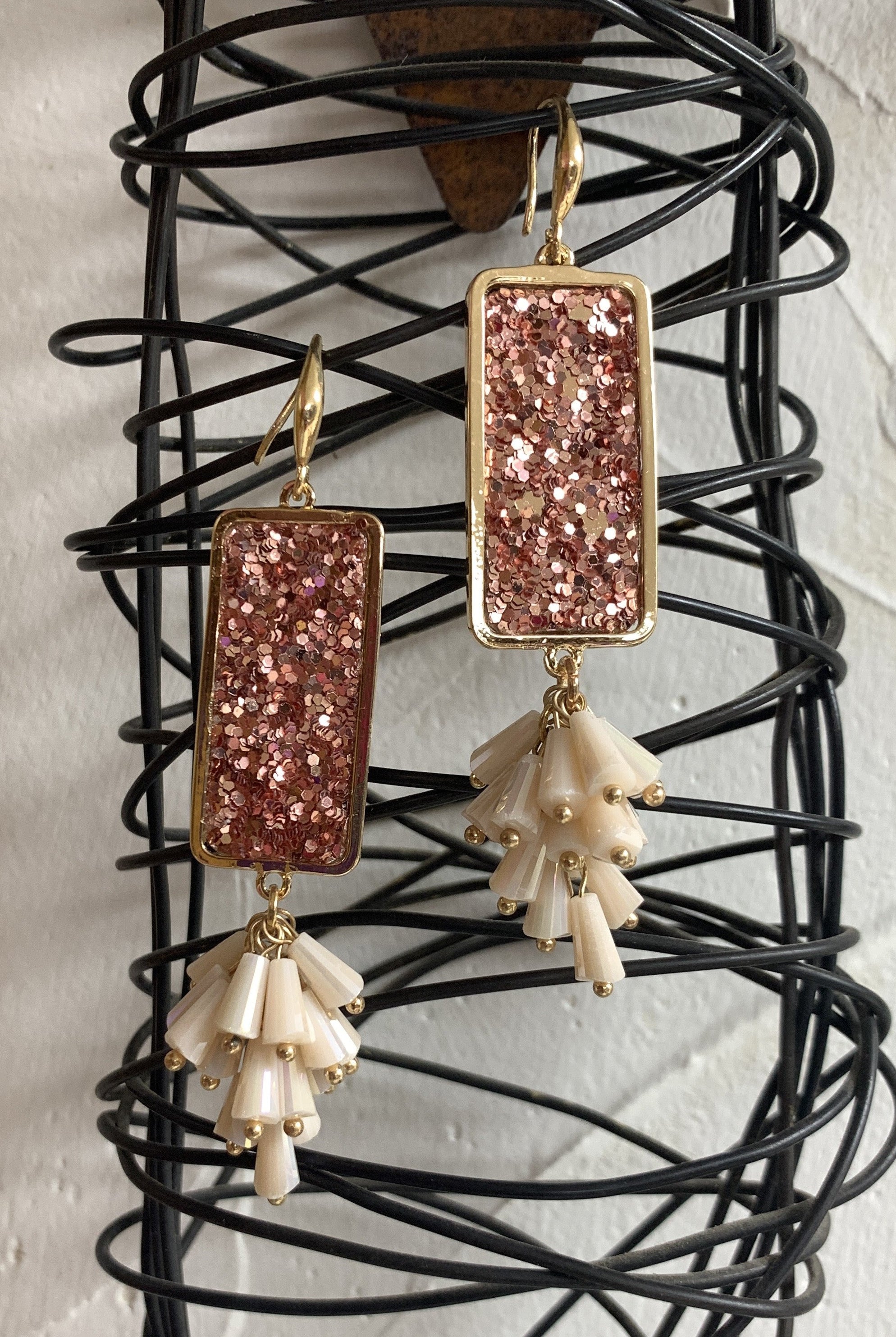 Emma Rose Gold Sparkle Triangle Earring With Peach Dangle Beads-Earrings-Emma-Deja Nu Boutique, Women's Fashion Boutique in Lampasas, Texas