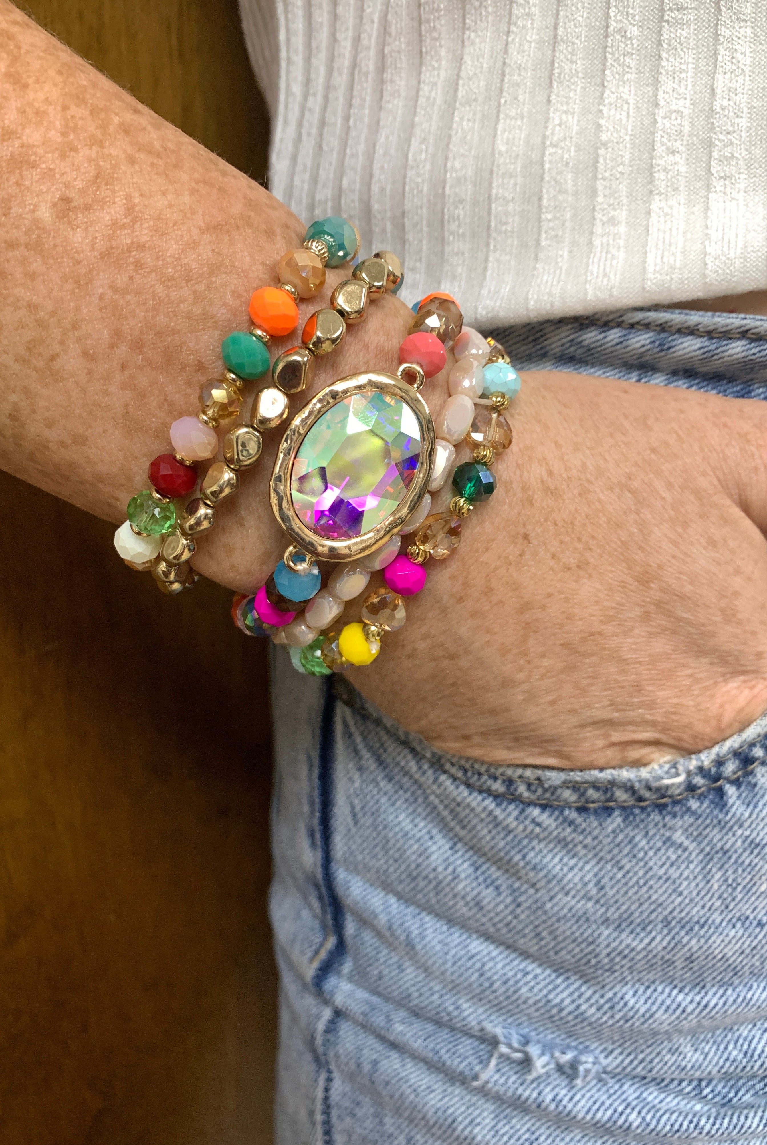 Emma Stretch Bracelet Set With Bright Colors And Large AB Crystal Charm-Bracelets-Emma-Deja Nu Boutique, Women's Fashion Boutique in Lampasas, Texas