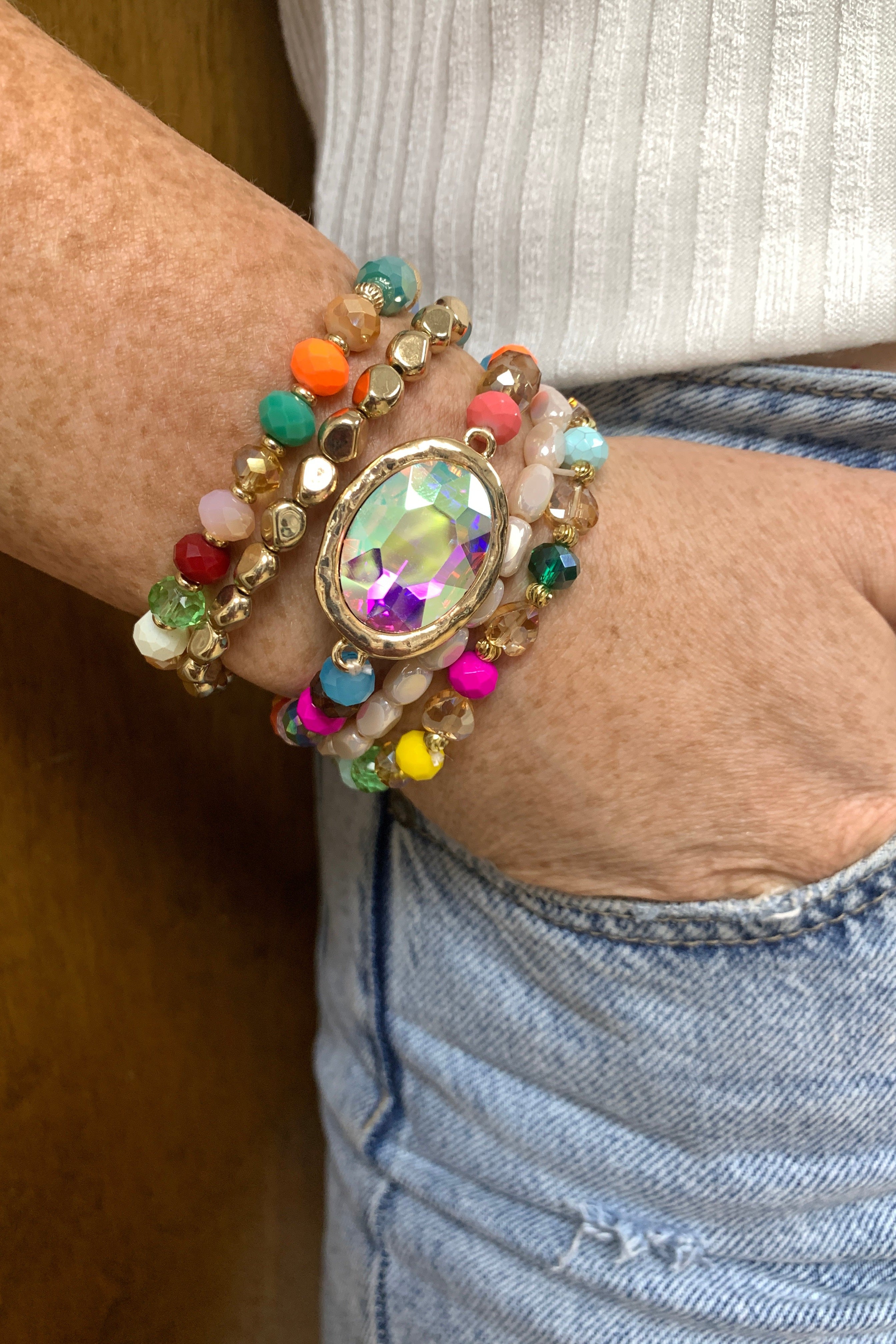 Emma Stretch Bracelet Set With Bright Colors And Large AB Crystal Charm-Bracelets-Emma-Deja Nu Boutique, Women's Fashion Boutique in Lampasas, Texas