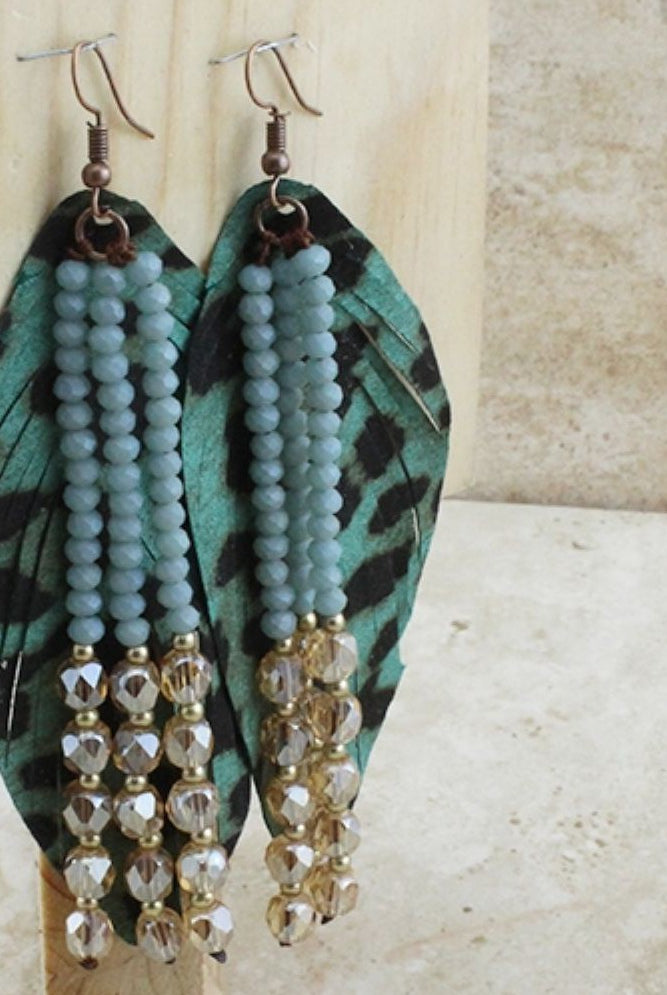 Emma Turquoise Leopard Printed Feather Earrings With Crystal Beaded Tassels-Earrings-Emma-Deja Nu Boutique, Women's Fashion Boutique in Lampasas, Texas