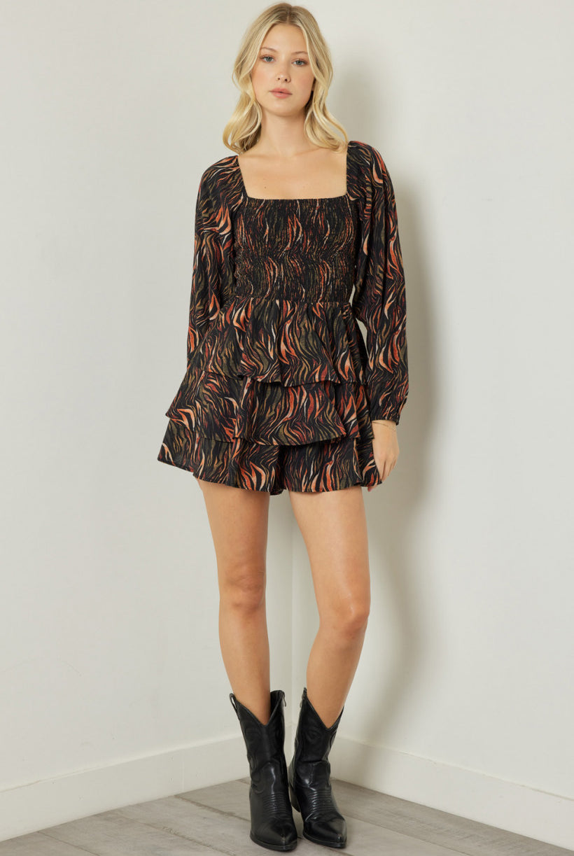 Entro Black Flame Print Square Neck Long Sleeve Tiered Romper-Rompers & Jumpsuits-Entro-Deja Nu Boutique, Women's Fashion Boutique in Lampasas, Texas