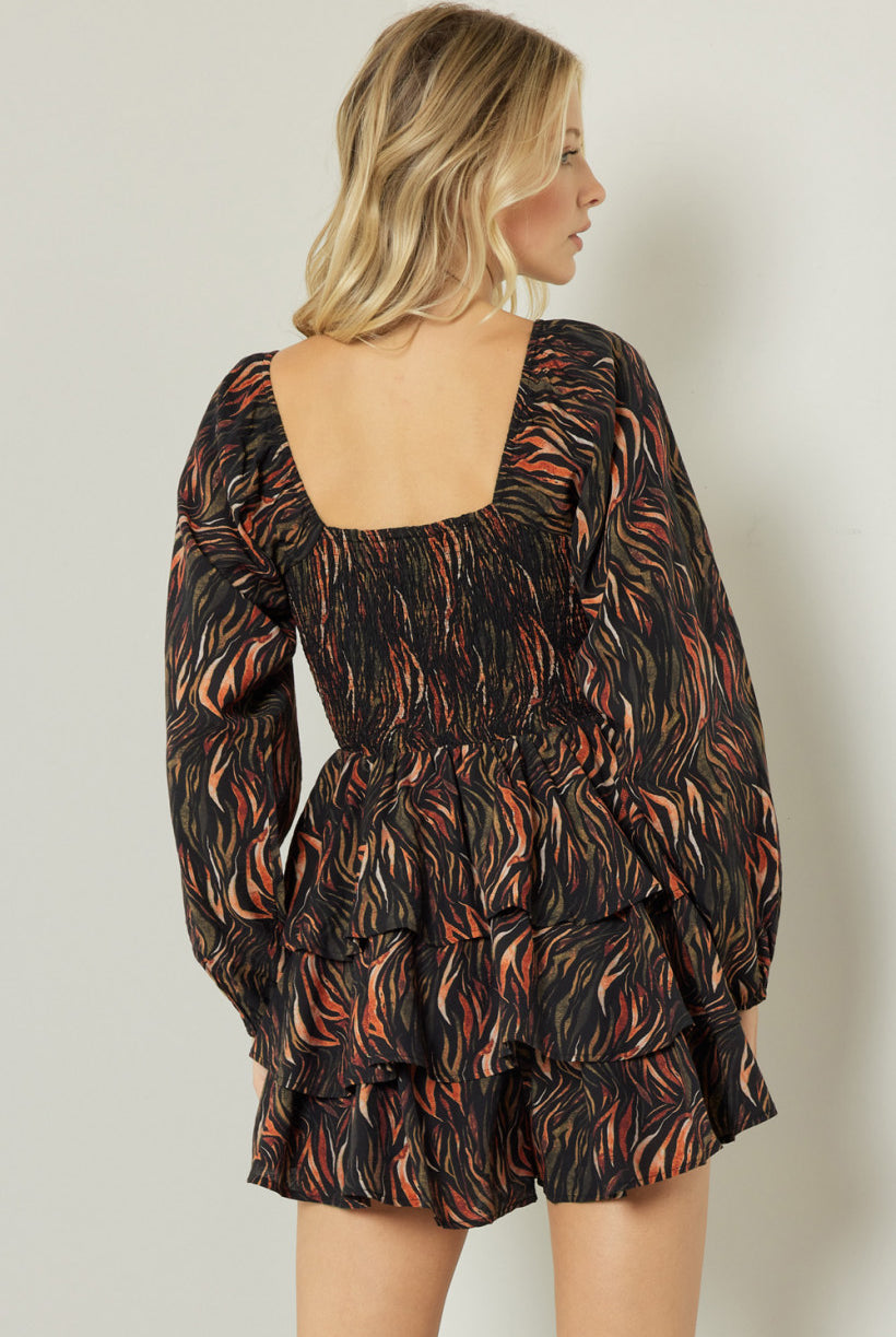 Entro Black Flame Print Square Neck Long Sleeve Tiered Romper-Rompers & Jumpsuits-Entro-Deja Nu Boutique, Women's Fashion Boutique in Lampasas, Texas