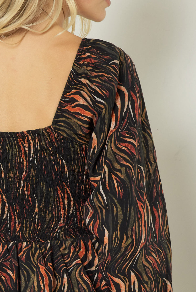 Entro Black Flame Print Square Neck Long Sleeve Tiered Romper-Rompers & Jumpsuits-Entro-Deja Nu Boutique, Women's Fashion Boutique in Lampasas, Texas