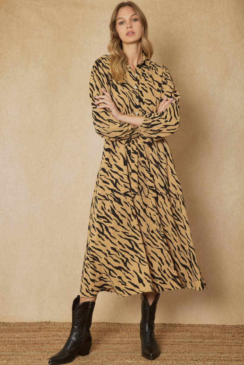 Entro Camel And Black Zebra Print Button Up Maxi Dress With Pockets-Maxi Dresses-Entro-Deja Nu Boutique, Women's Fashion Boutique in Lampasas, Texas