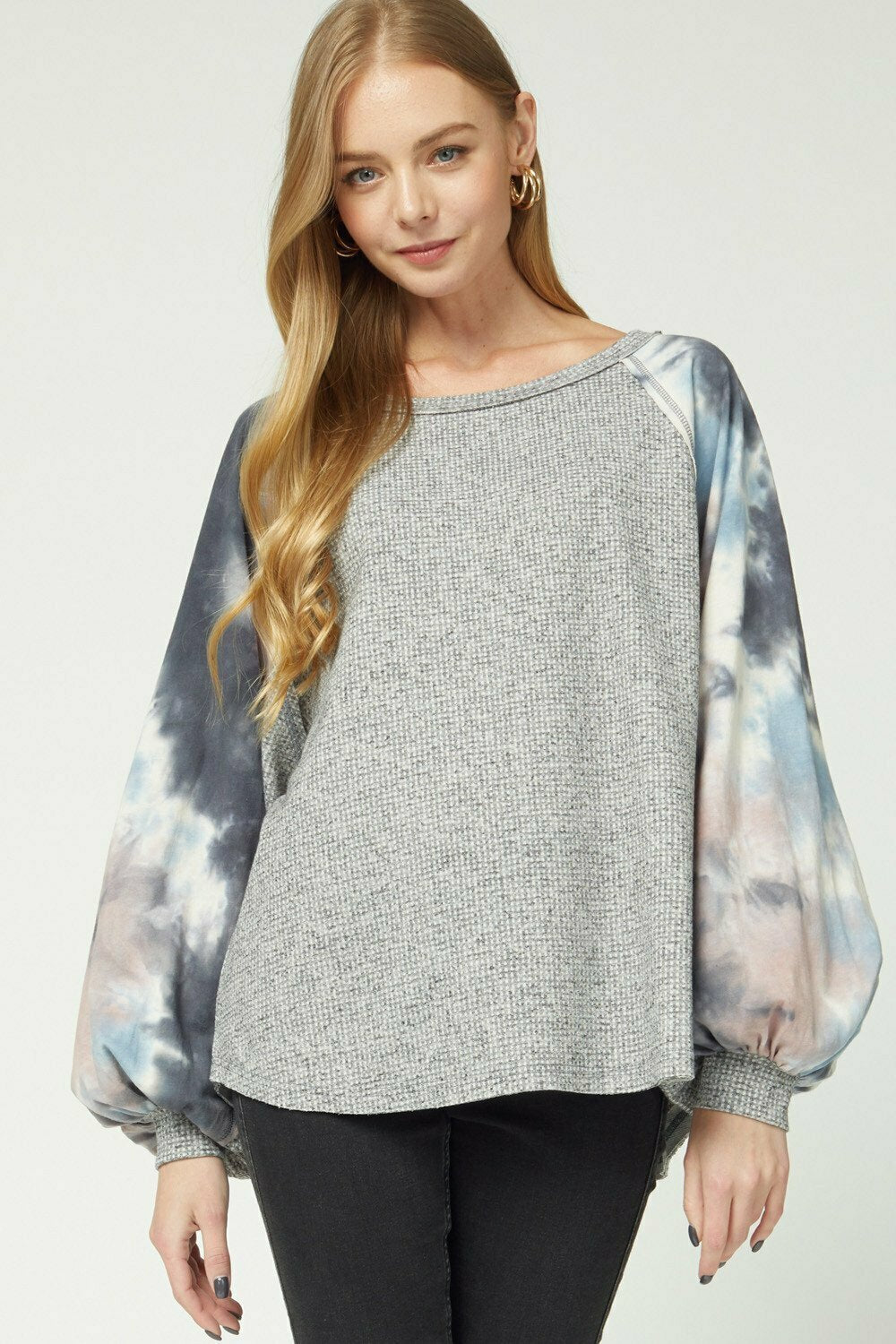 Entro Charcoal Tie Dye Puffy Sleeve Top-Tops-Entro-Deja Nu Boutique, Women's Fashion Boutique in Lampasas, Texas