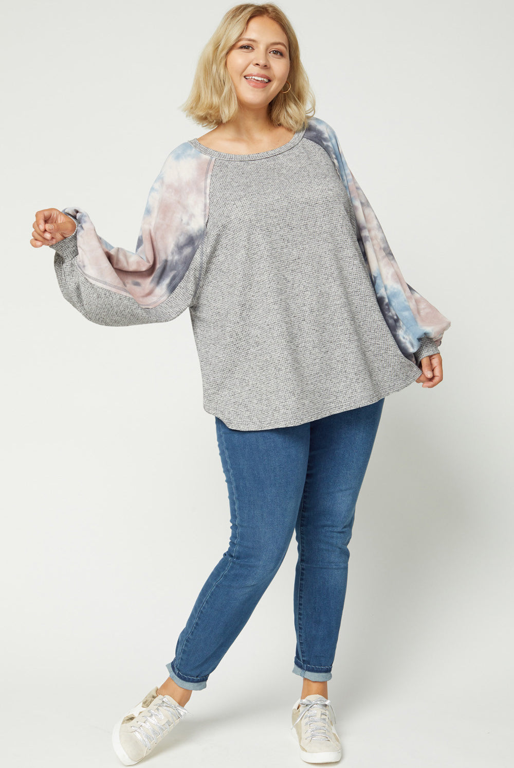 Entro Charcoal Tie Dye Puffy Sleeve Top Plus-Curvy/Plus Tops-Entro-Deja Nu Boutique, Women's Fashion Boutique in Lampasas, Texas