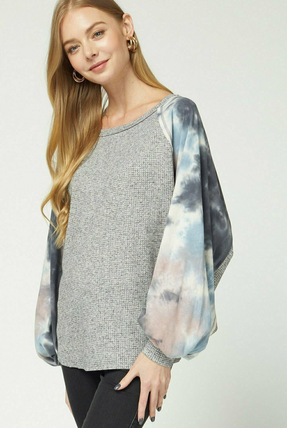 Entro Charcoal Tie Dye Puffy Sleeve Top-Tops-Entro-Deja Nu Boutique, Women's Fashion Boutique in Lampasas, Texas