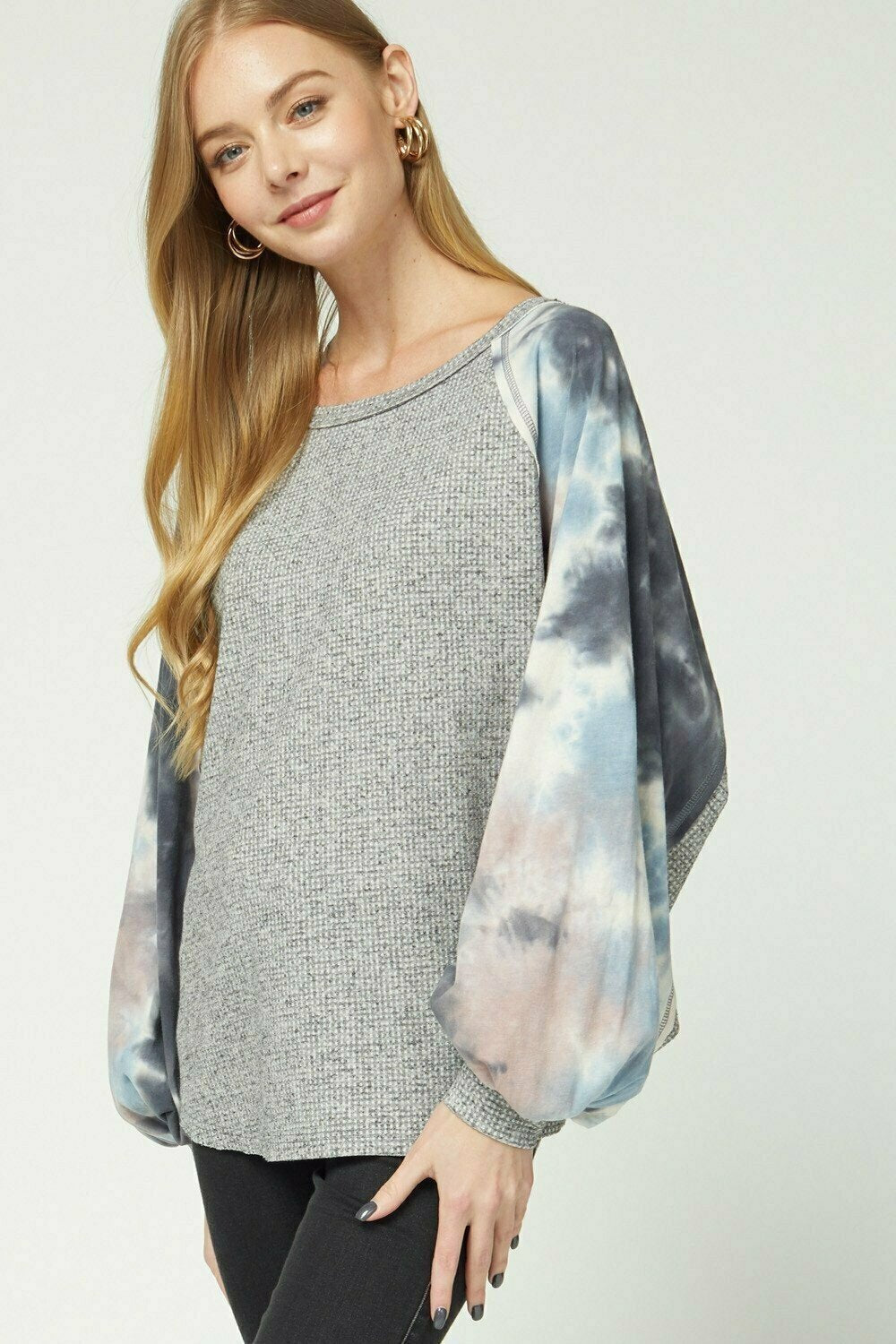 Entro Charcoal Tie Dye Puffy Sleeve Top-Tops-Entro-Deja Nu Boutique, Women's Fashion Boutique in Lampasas, Texas