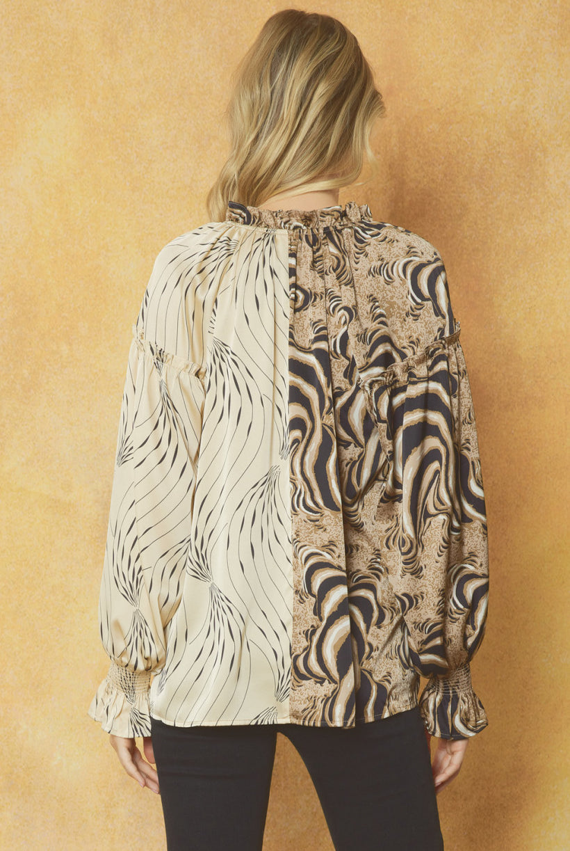 Entro Mocha And Ecru Contrast Print V-Neck Blouse-Tops-Entro-Deja Nu Boutique, Women's Fashion Boutique in Lampasas, Texas