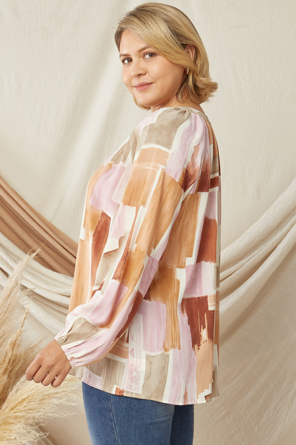 Entro Multi Colored Printed V Neck Long Sleeve Blouse Plus-Curvy/Plus Tops-Entro-Deja Nu Boutique, Women's Fashion Boutique in Lampasas, Texas