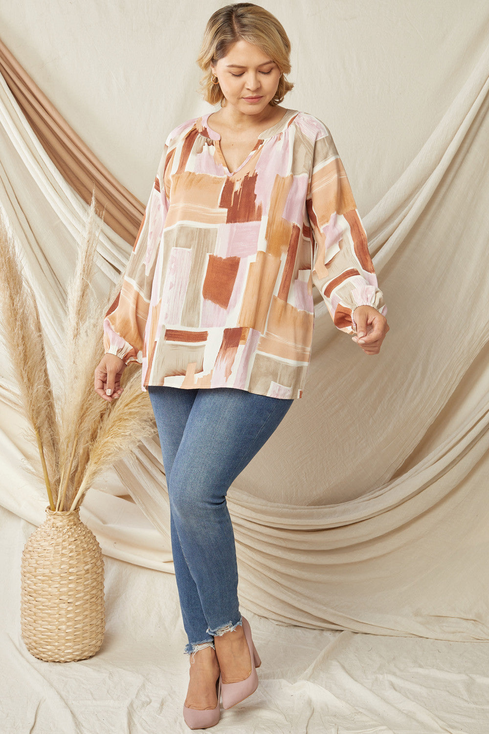 Entro Multi Colored Printed V Neck Long Sleeve Blouse Plus-Curvy/Plus Tops-Entro-Deja Nu Boutique, Women's Fashion Boutique in Lampasas, Texas