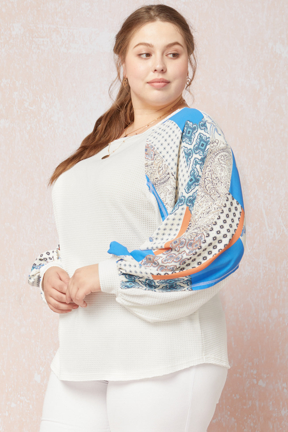 Entro Off White Mixed Print Long Sleeve Plus Top-Curvy/Plus Tops-Entro-Deja Nu Boutique, Women's Fashion Boutique in Lampasas, Texas