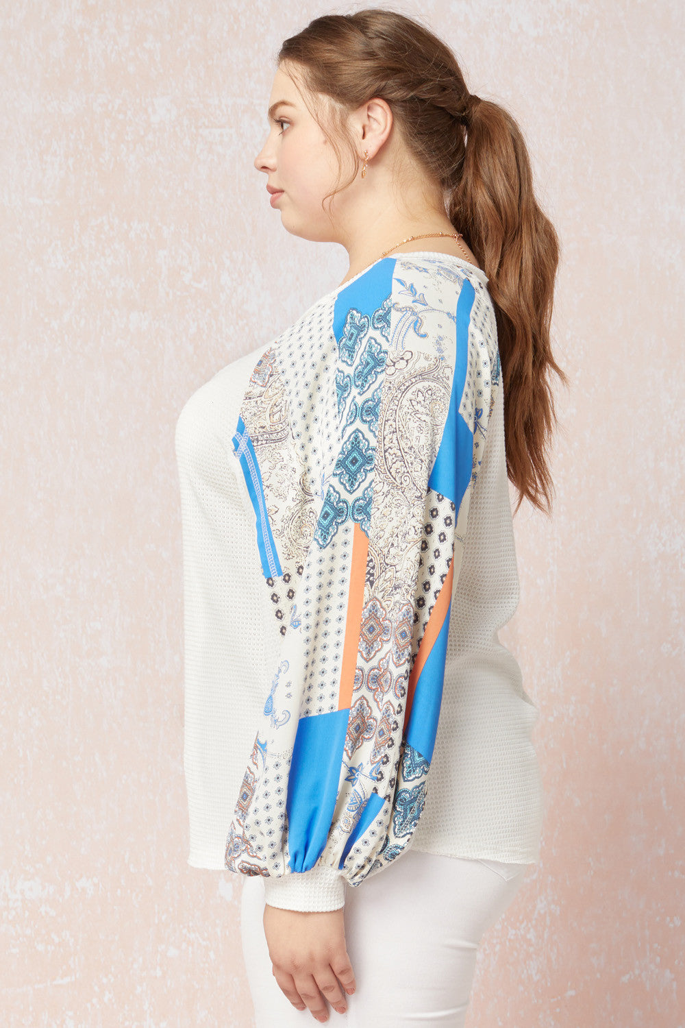 Entro Off White Mixed Print Long Sleeve Plus Top-Curvy/Plus Tops-Entro-Deja Nu Boutique, Women's Fashion Boutique in Lampasas, Texas