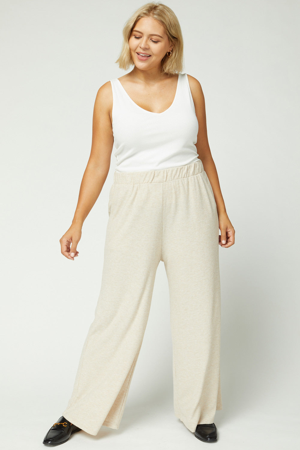 Entro Plus Wide Leg Pants In Oatmeal-Curvy/Plus Pants-Entro-Deja Nu Boutique, Women's Fashion Boutique in Lampasas, Texas