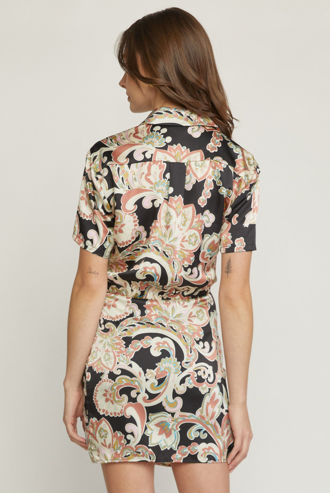 Entro Satin Paisley Short Faux Wrap Dress In Black-Short Dresses-Entro-Deja Nu Boutique, Women's Fashion Boutique in Lampasas, Texas