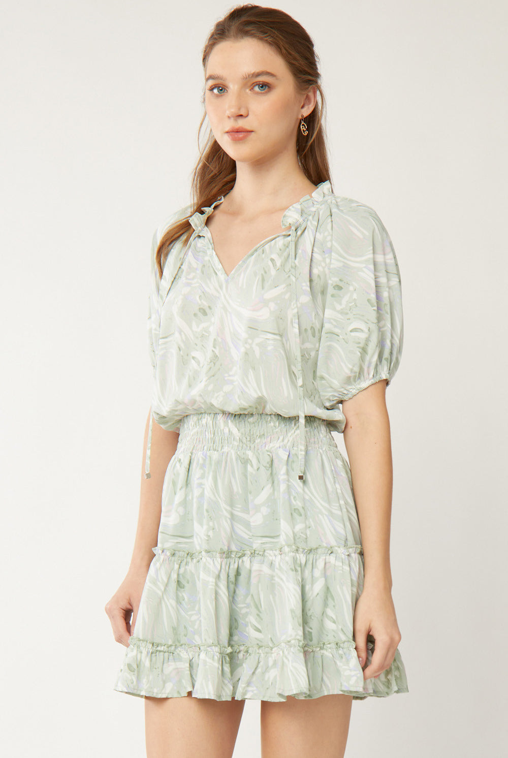 Entro Seafoam Printed Puff Sleeve Tiered Dress-Dresses-Entro-Deja Nu Boutique, Women's Fashion Boutique in Lampasas, Texas
