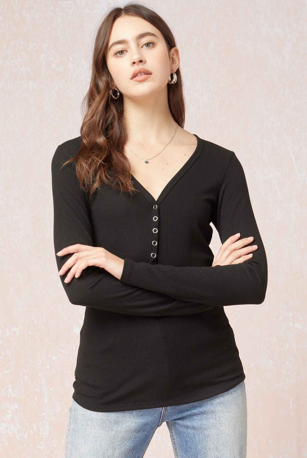 Entro Snap Front Long Sleeve Tee - Three Colors-Long Sleeves-Entro-Deja Nu Boutique, Women's Fashion Boutique in Lampasas, Texas